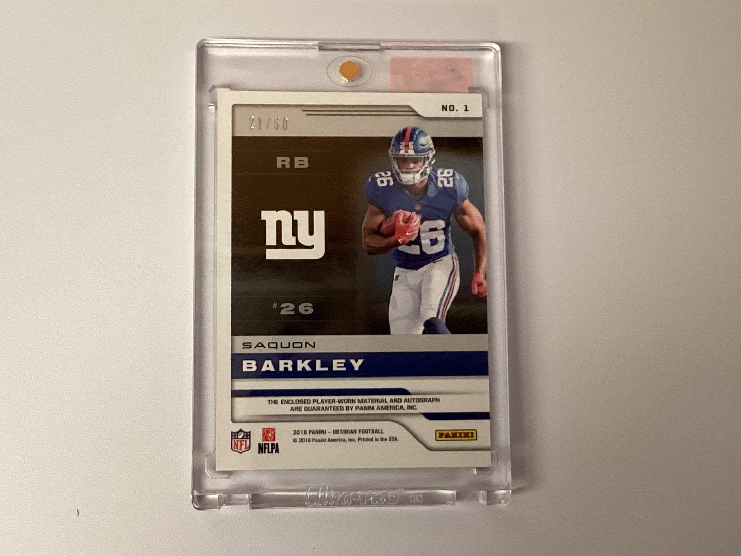 Saquon Barkley, New York Giants signature and player worn material card