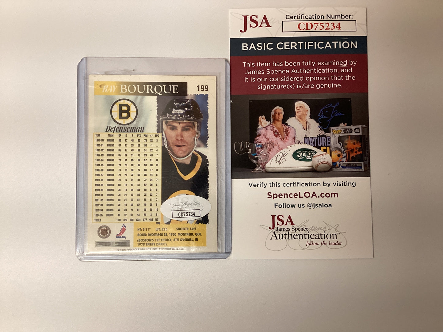 Ray Bourque signed #199 Pinnacle NHL Card with JSA COA