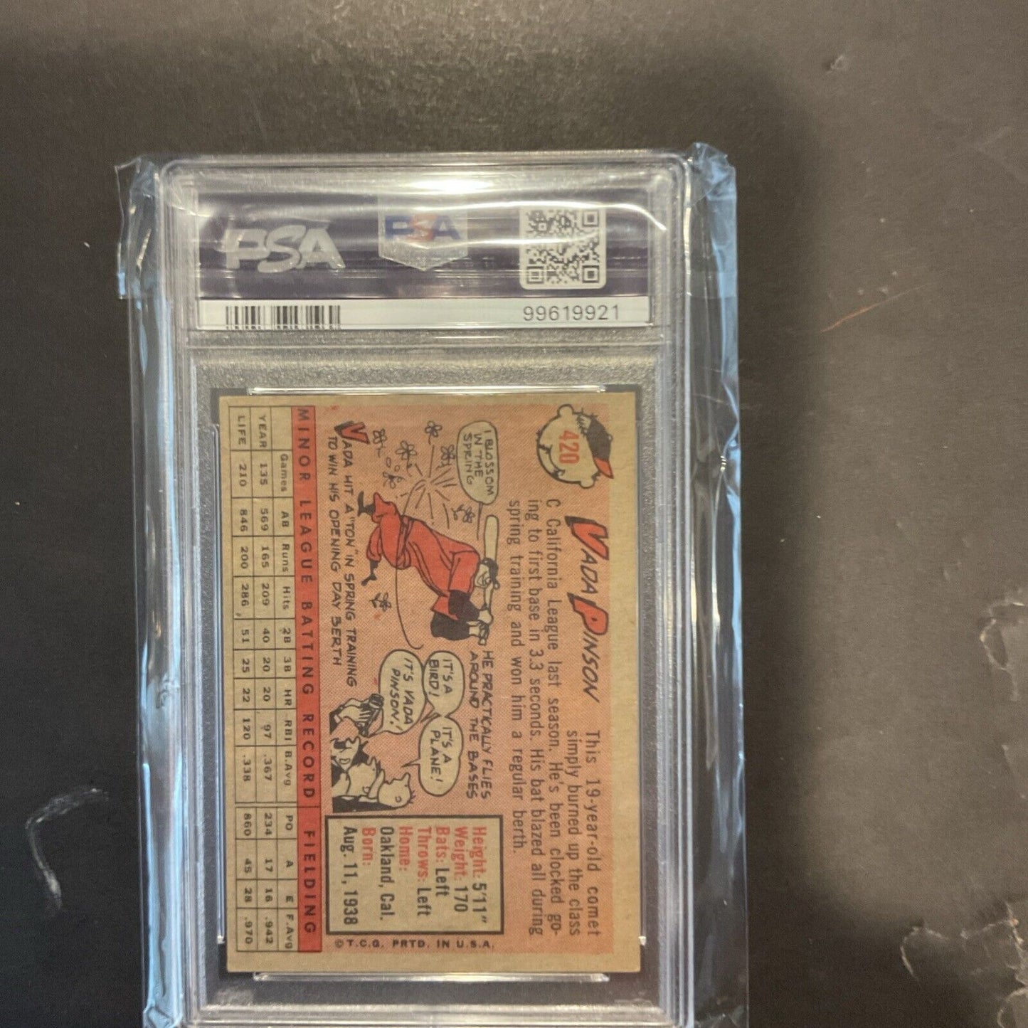 1958 Topps Vada Pinson RC Rookie Card #420 Cincinnati Reds VG-EX PSA 4