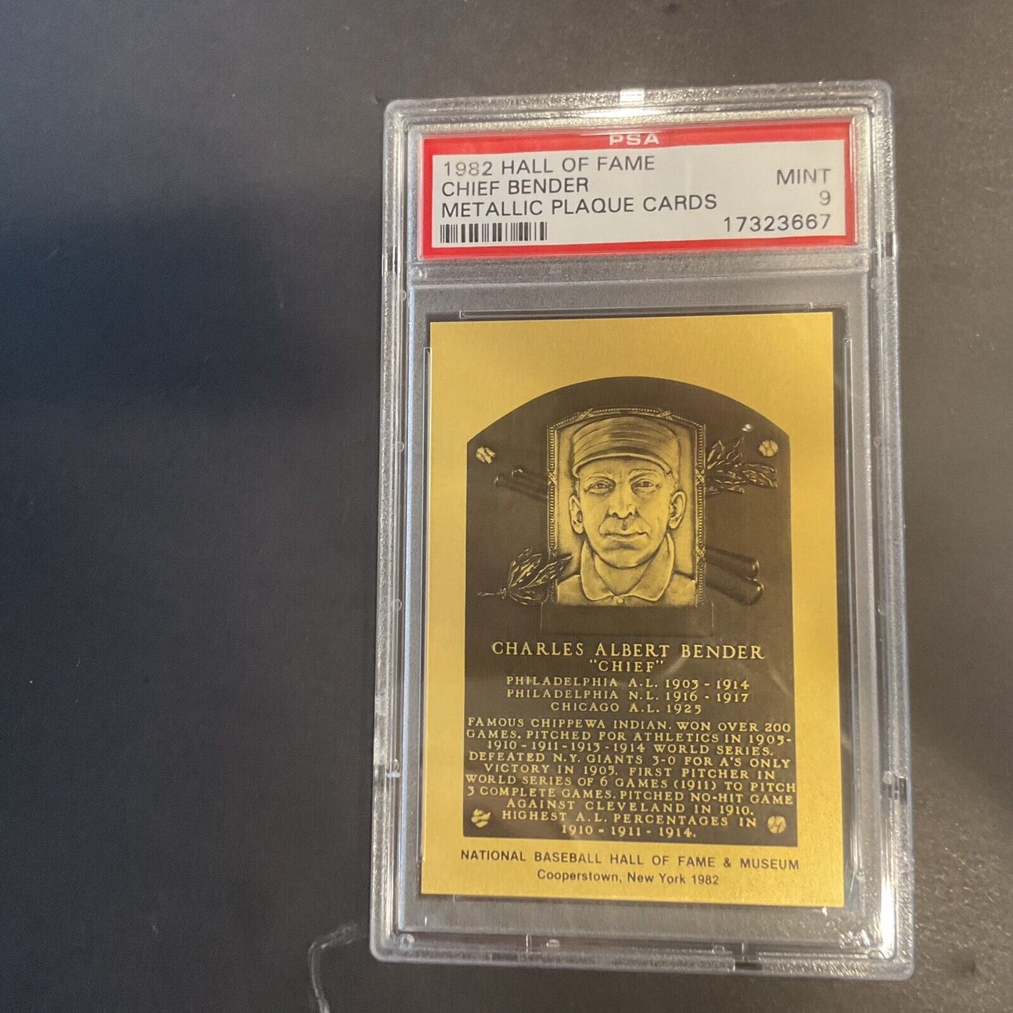 1982 Hall of Fame Chief Bender Metallic Plaque Card PSA 9. None Higher