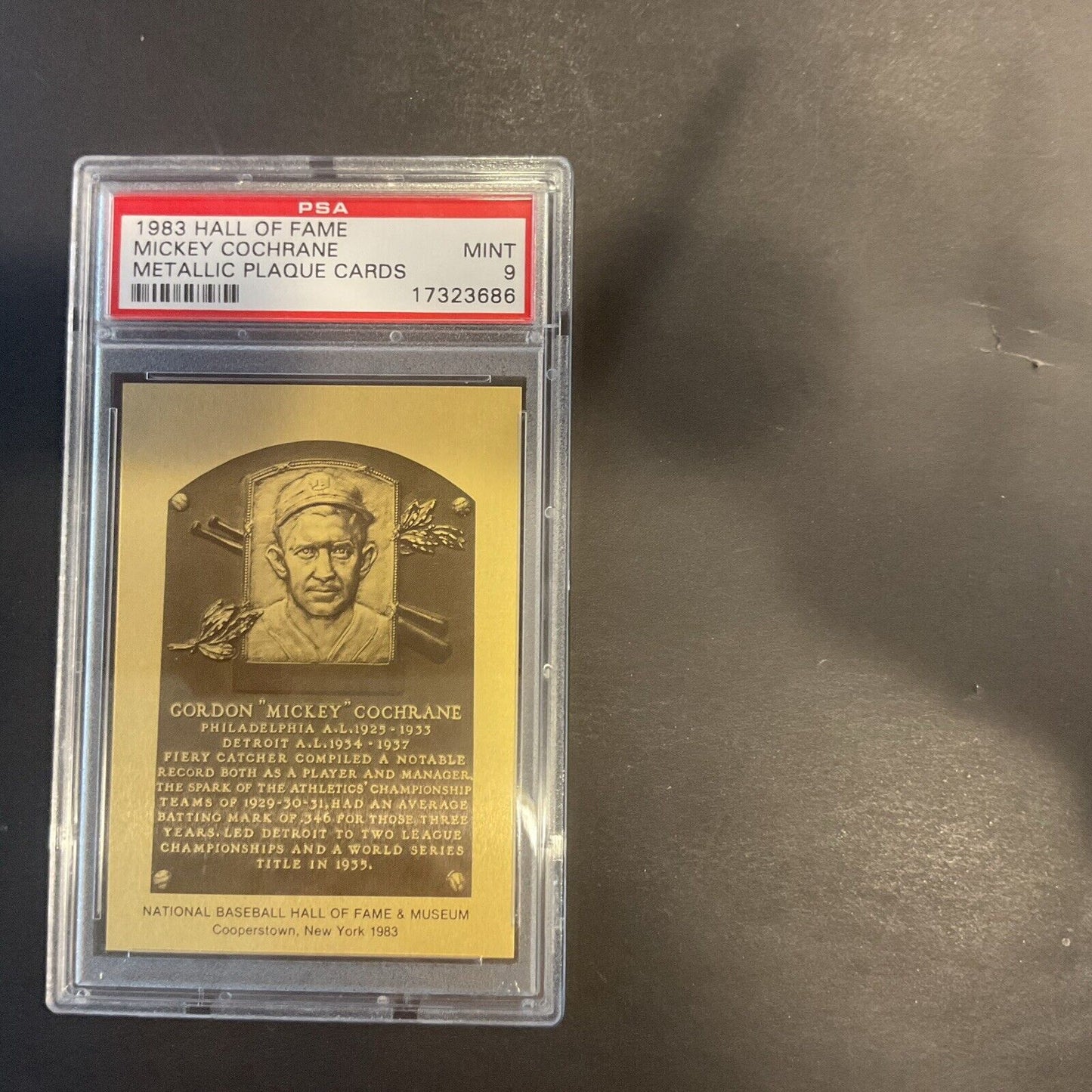 1983 Mickey Cochrane Hall Of Fame Metallic Plaque Card PSA 9