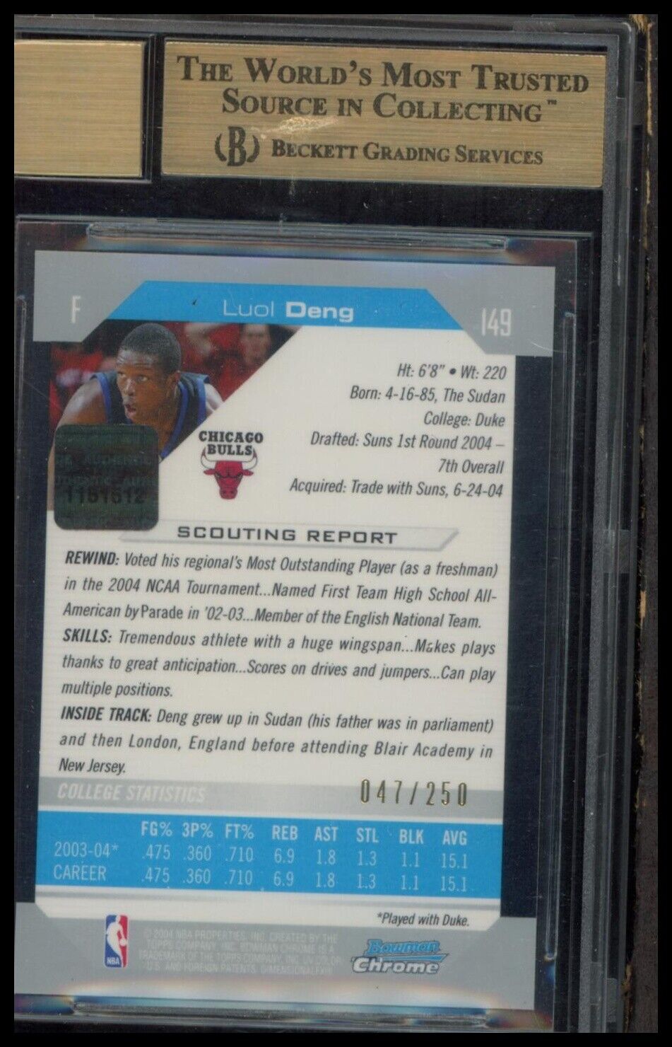 2004-05 Bowman #149 Luol Deng Chrome BGS 10 #/250