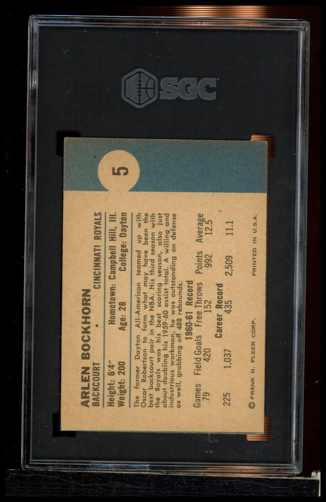 1961-62 Fleer #5 Arlen Bockhorn SGC 2.5