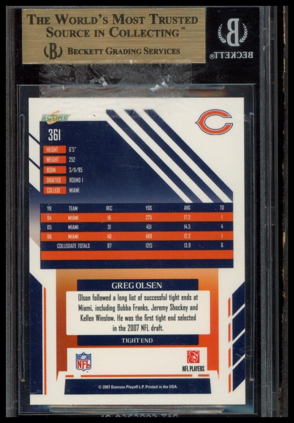 2007 Score #361 Greg Olsen BGS 9.5