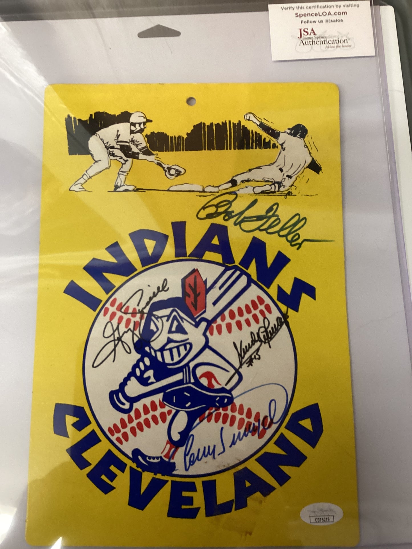Bob Feller, Cory Snyder, Sandy Alomar Jr. and Greg Swindwell signed Clevand Indians Sign with JSA COA