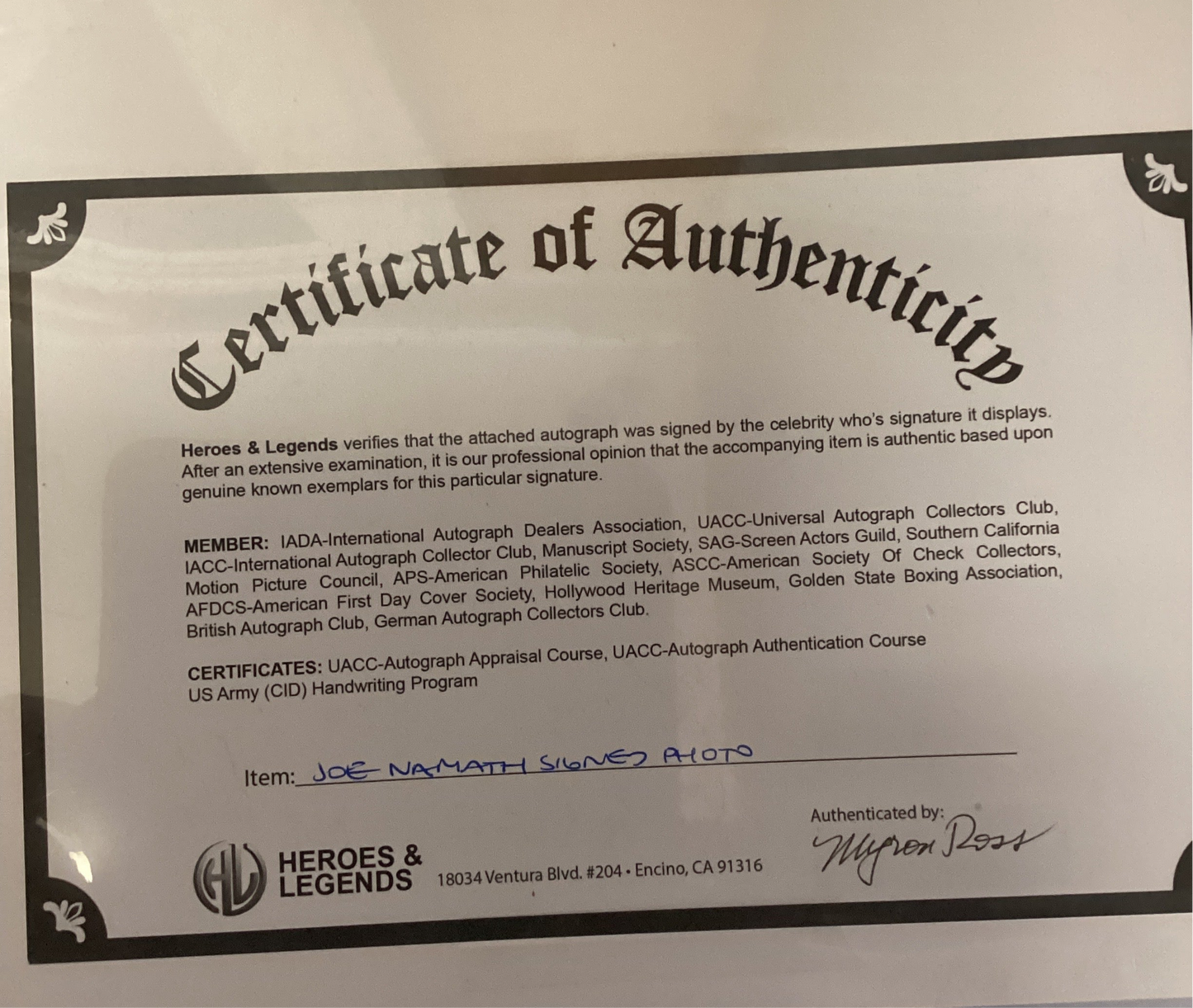 Joe Namath Signed Hall of Fame Photo