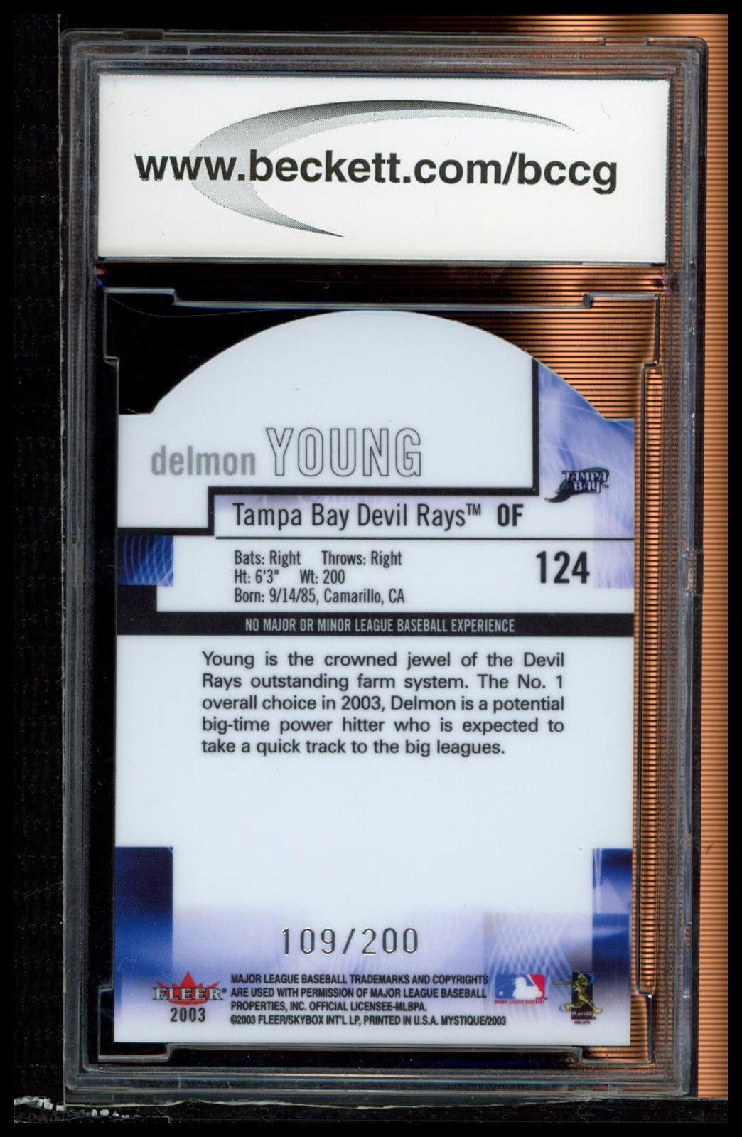 2003 Fleer MystiqueBlue Die Cut Rookie Unveiling #124 Delmon Young BCCG 10 #/200