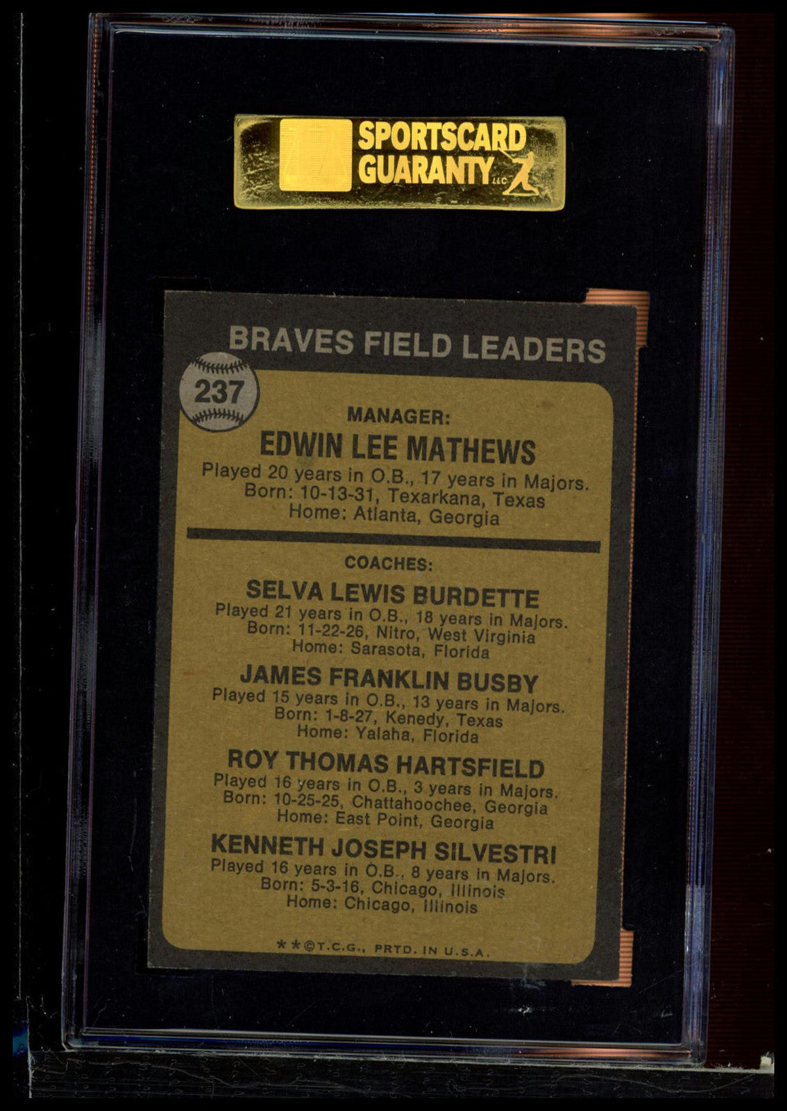 1973 Topps #237b Braves Field Leaders i SGC 7