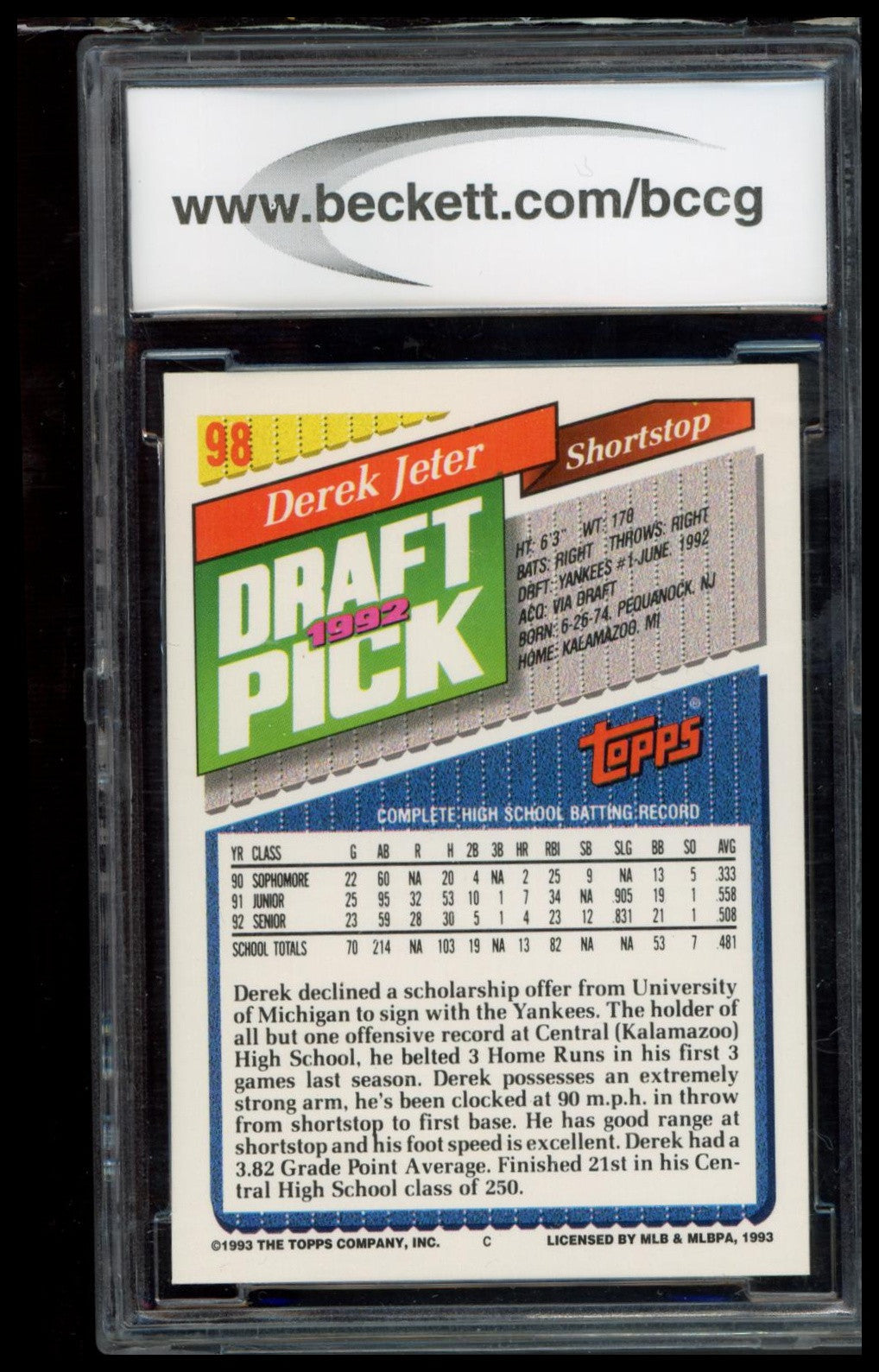 1993 Topps #98 Derek Jeter BCCG 9