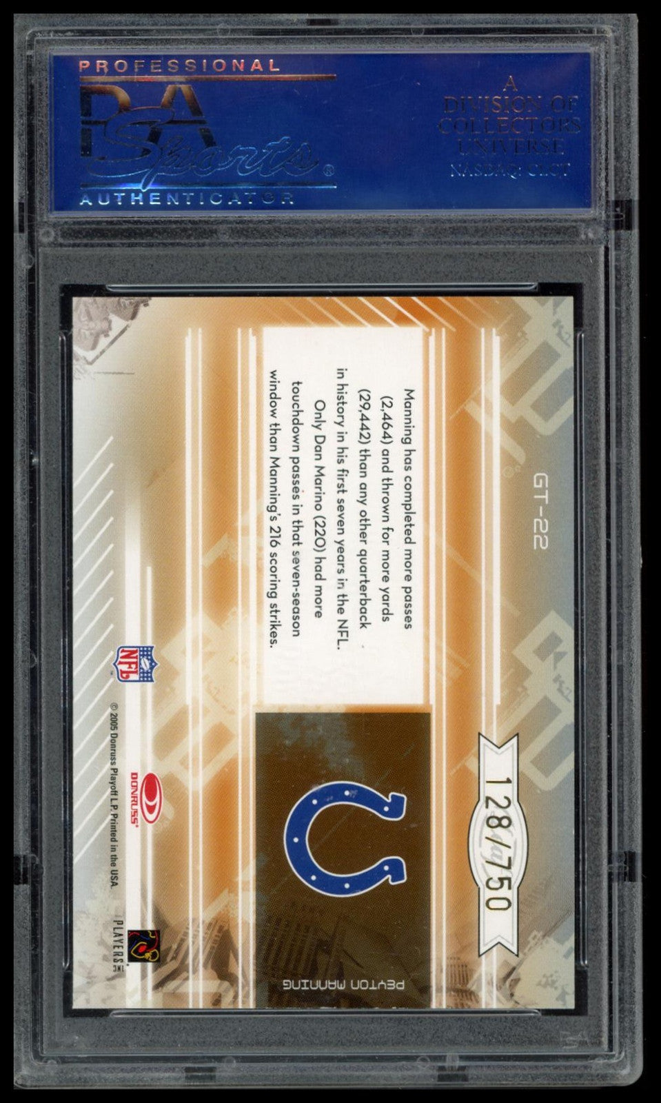 2005 Leaf Certified Materials Gold Team #GT-2 Peyton Manning Gold Team PSA 8