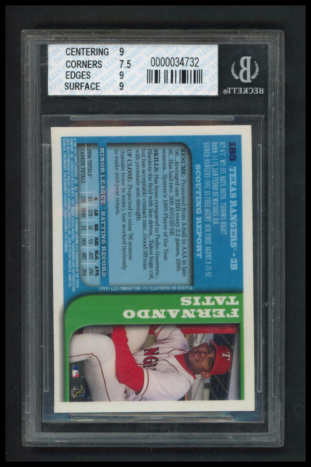 1997 Bowman Chrome #185 Fernando Tatis Refractors BGS 8