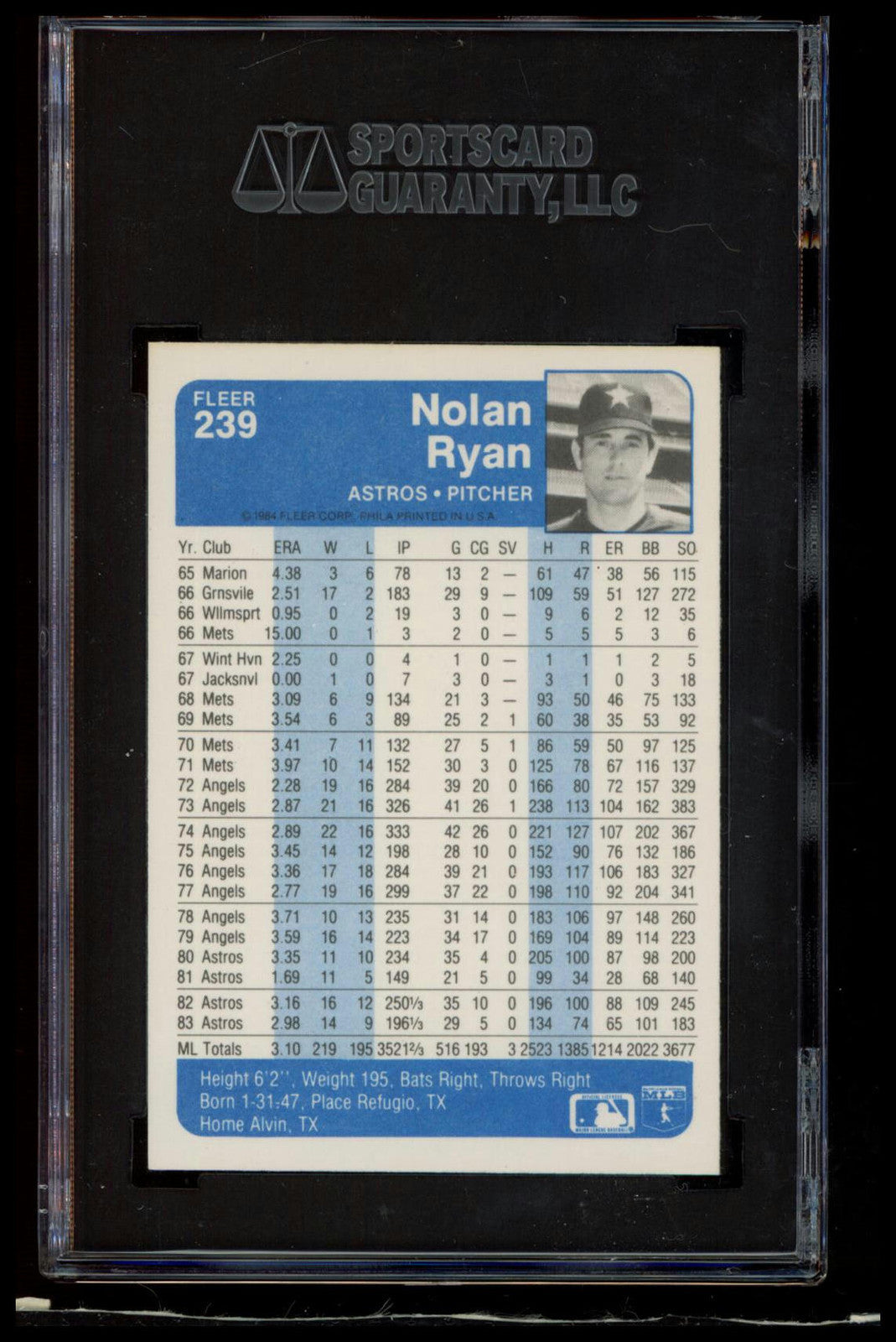 1984 Fleer #239 Nolan Ryan SGC 9