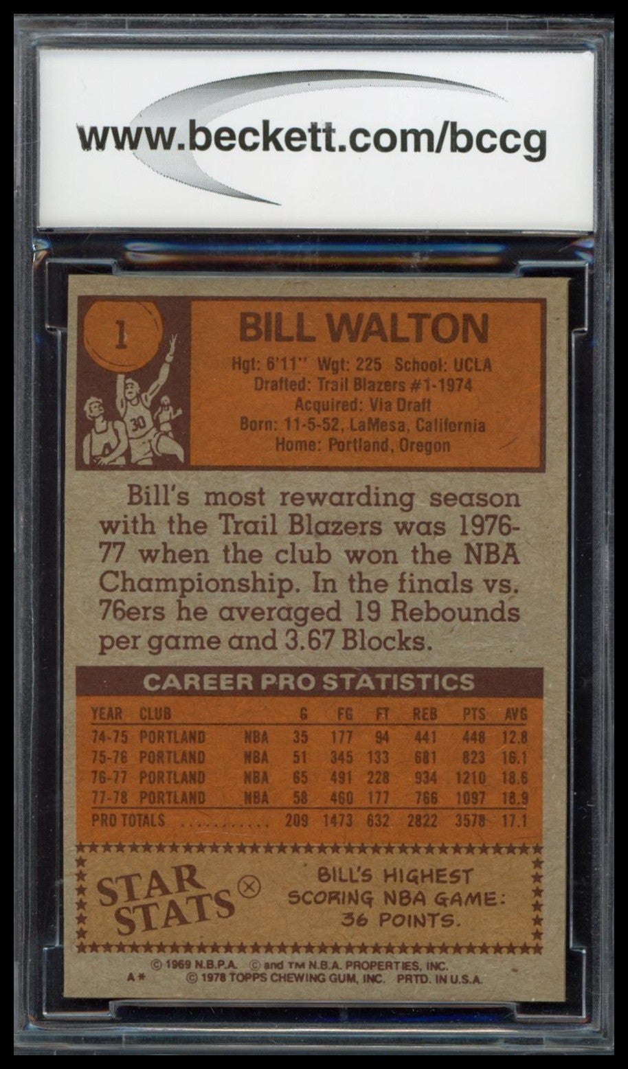 1978-79 Topps #1 Bill Walton SGC 9