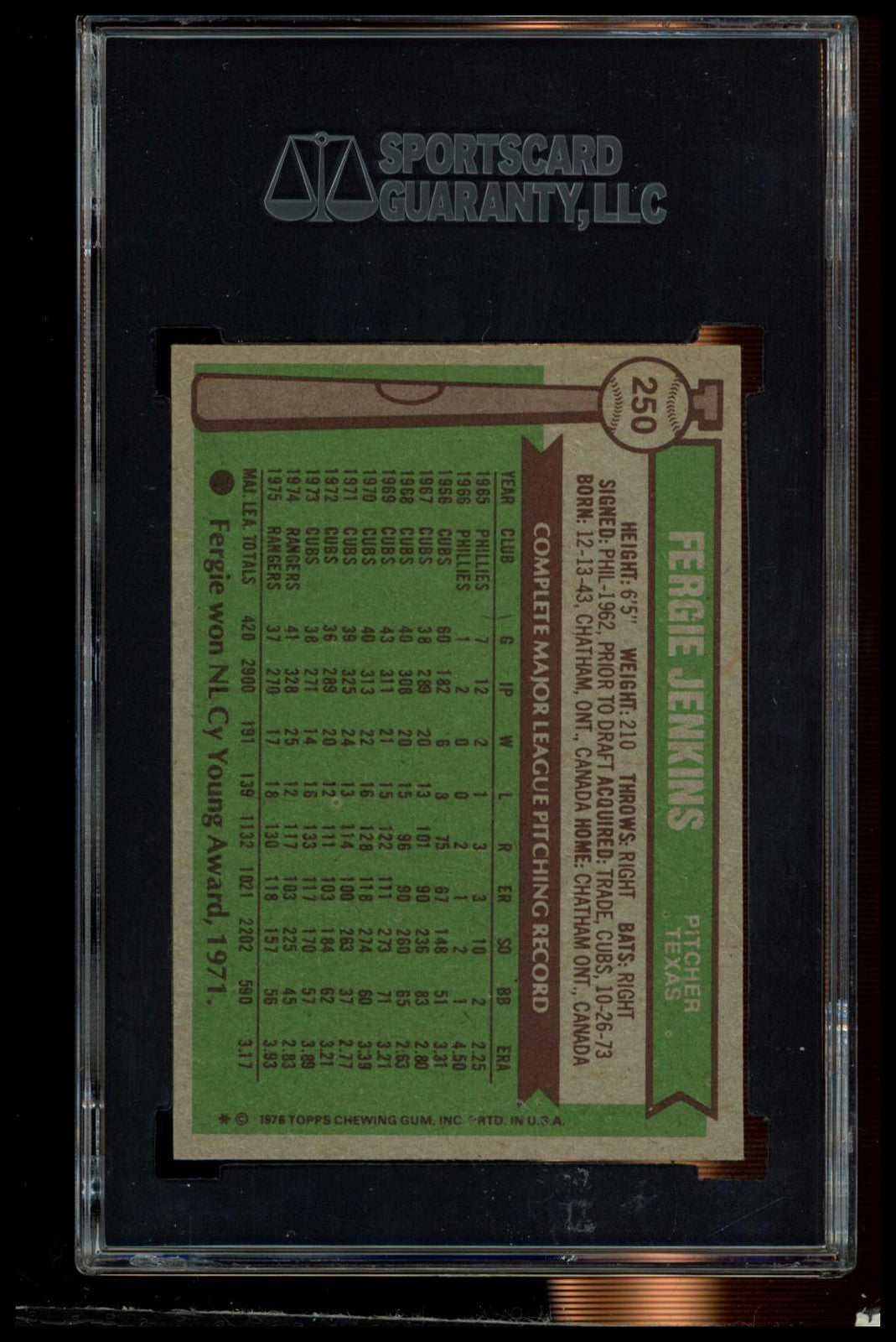 1976 Topps #250 Fergie Jenkins SGC Authentic