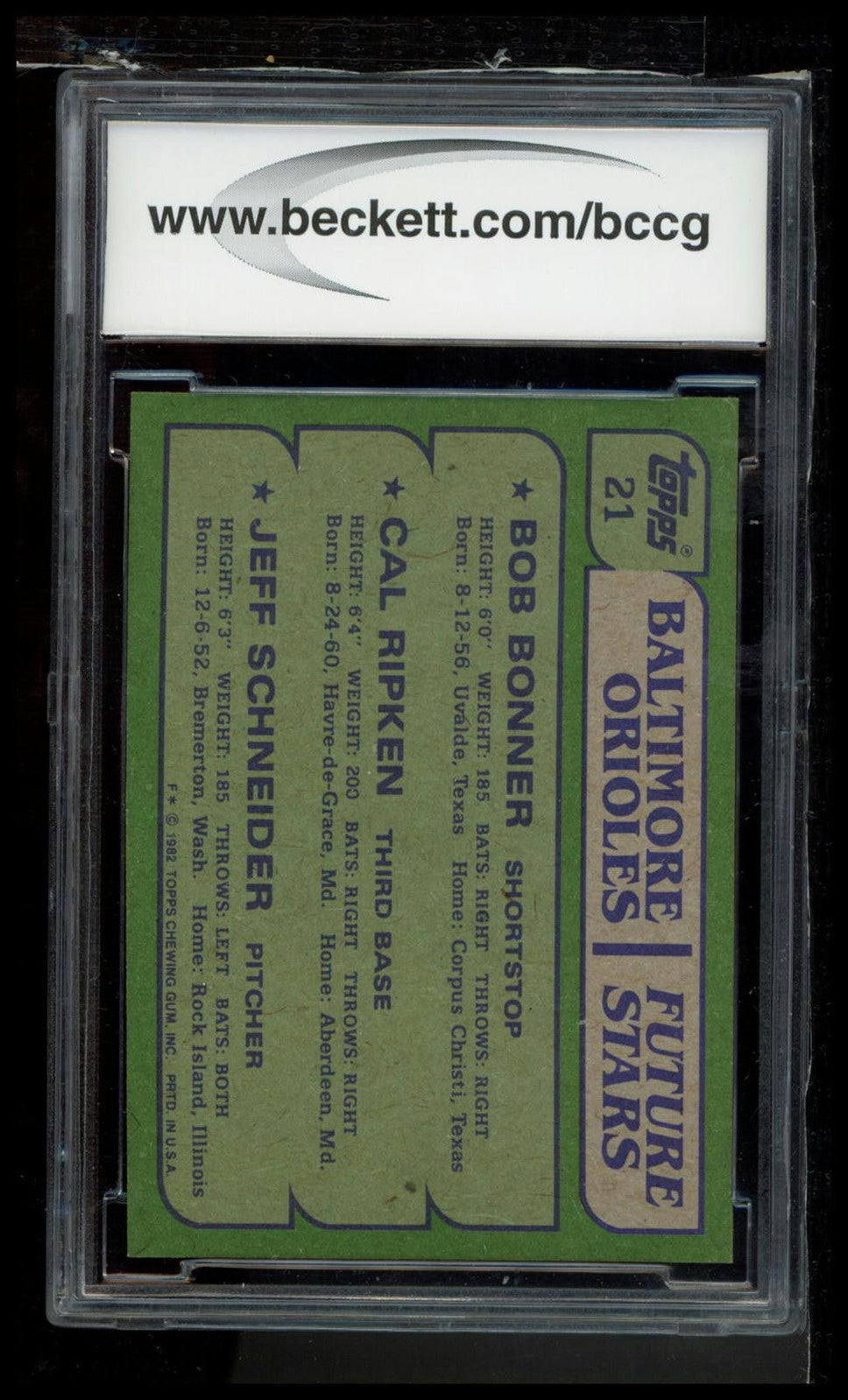 1982 Topps #21 Orioles Future Stars (Bonner / Cal Ripken / Schneider) BCCG 9