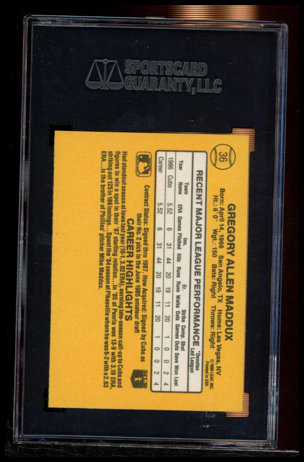 1987 Donruss #36 Greg Maddux SGC 9