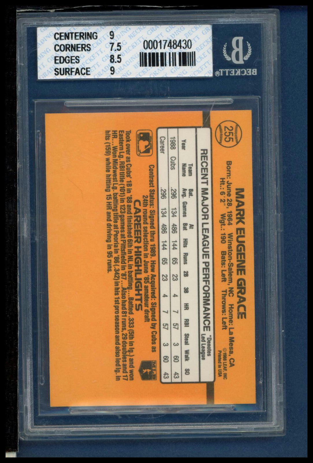 1989 Donruss #255a Mark Grace BGS 8