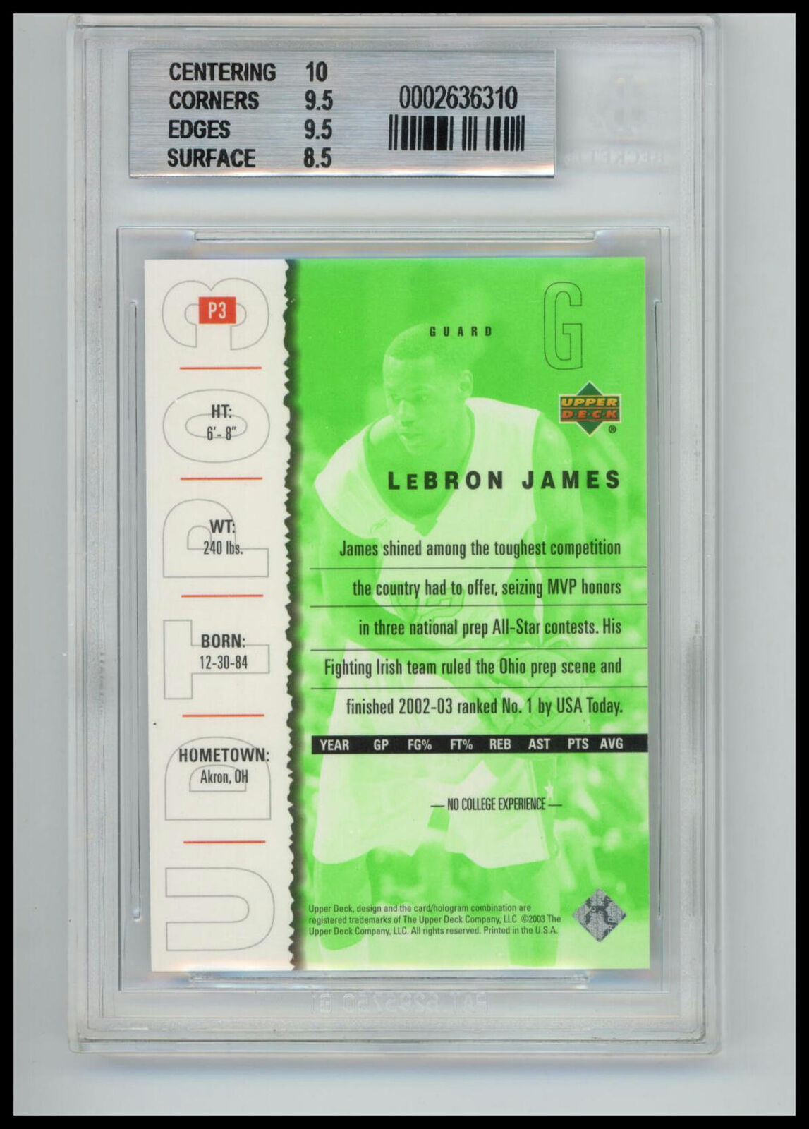 2003 UD Top Prospects #P3 Lebron James Lebron James Promos BGS 9