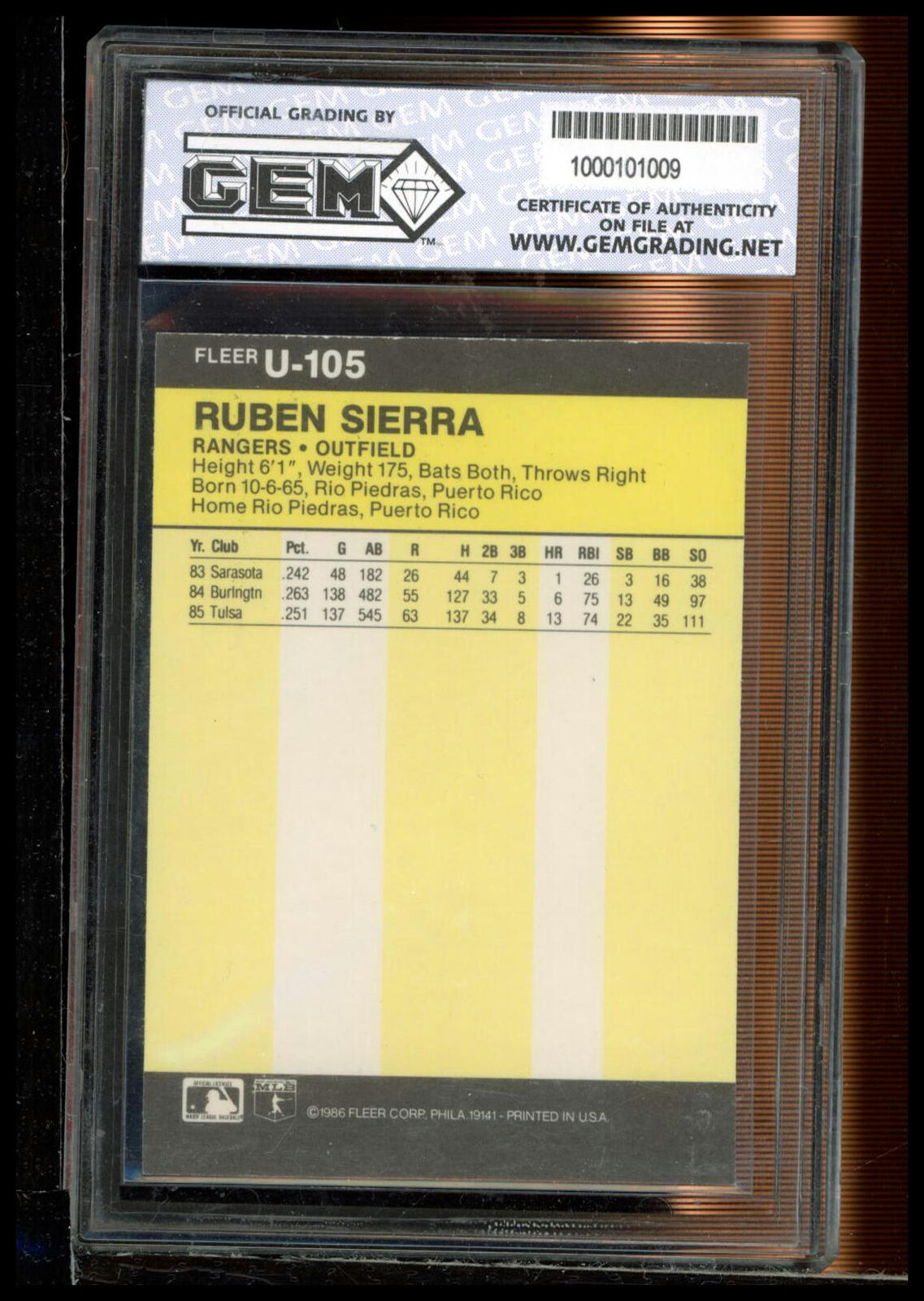 1986 Fleer Update #U-105 Ruben Sierra Other 10