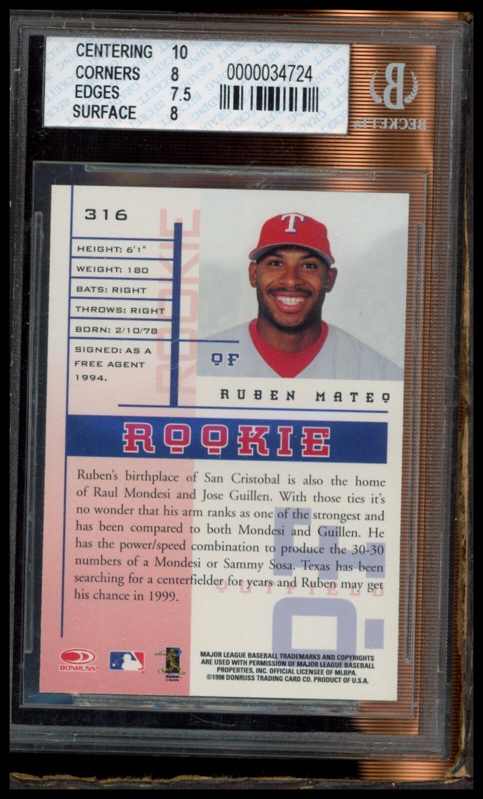 1998 Leaf Rookies & Stars #316 Ruben Mateo BGS 8