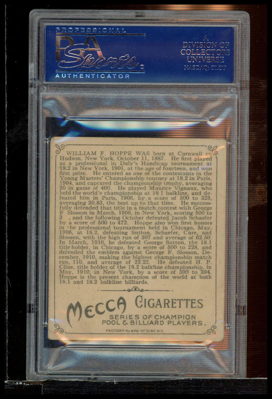 1910 T218 Champions Willie Hoppe Portrait-Billiards PSA 3