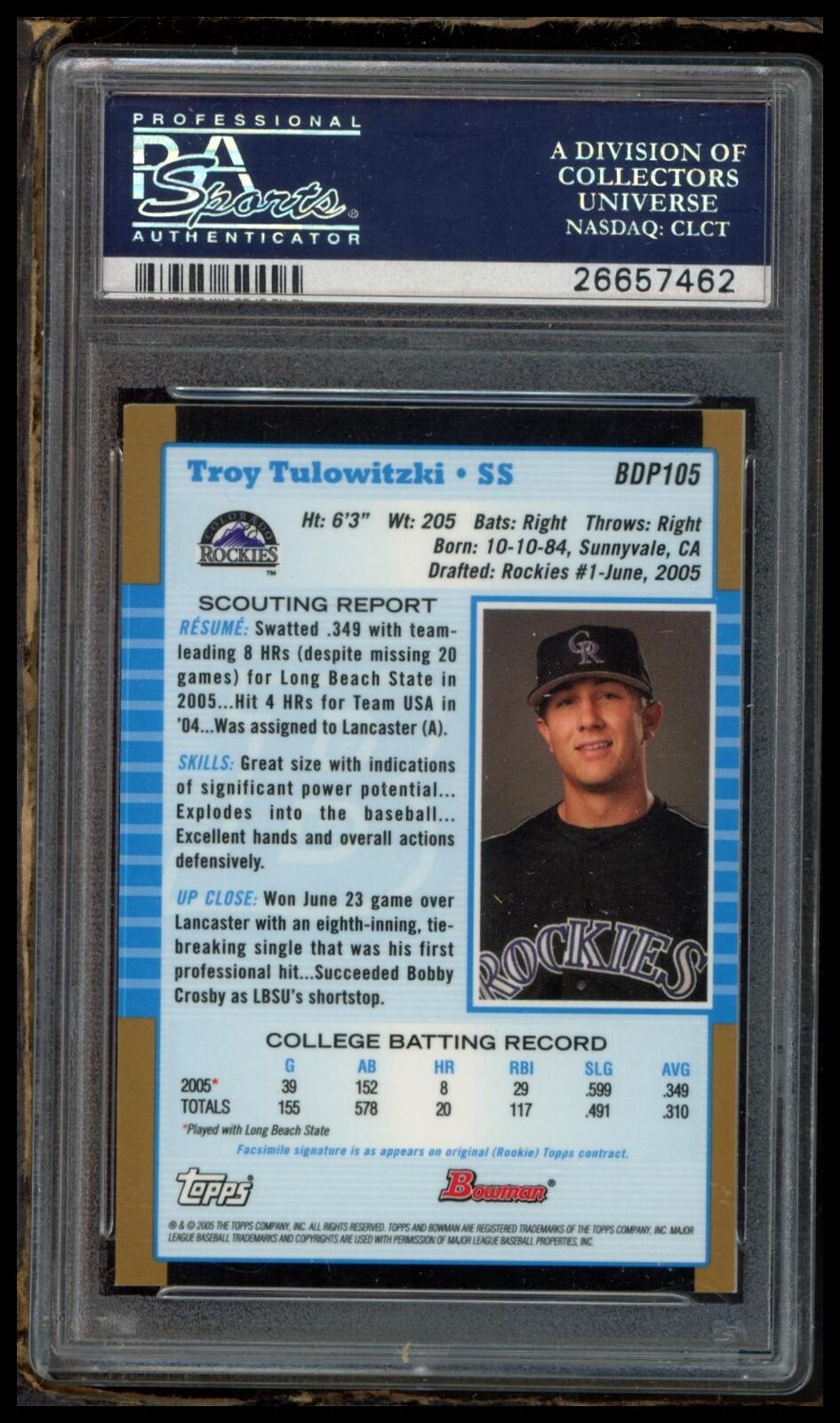 2005 Bowman Draft Picks #105 Troy Tulowitzki Draft Picks-Gold PSA 8