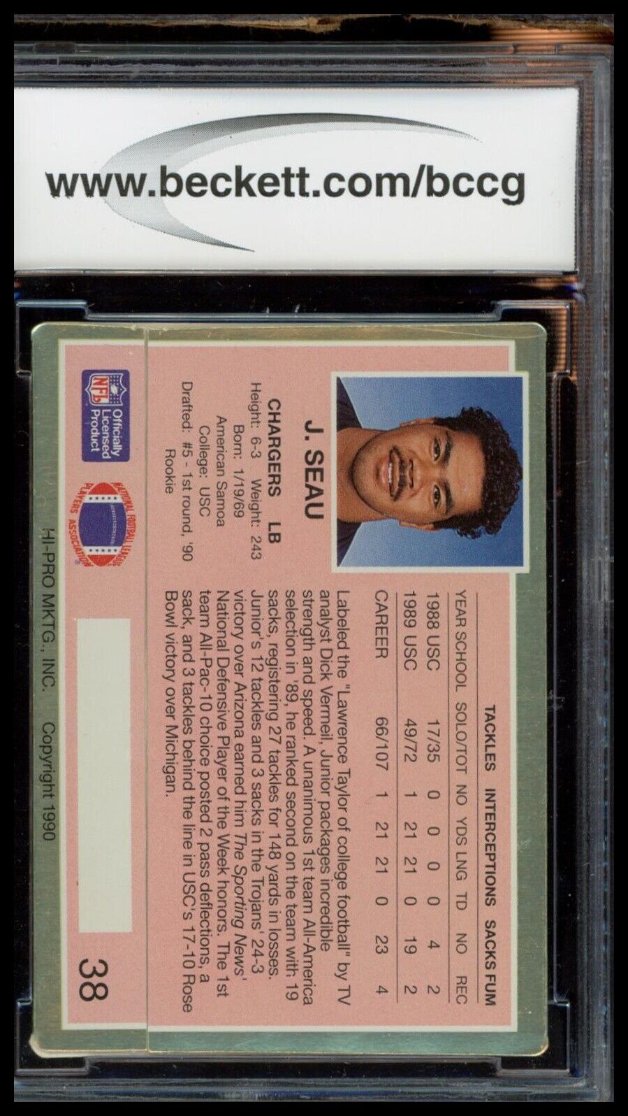 1990 Action Packed Rookie/Update #38 Junior Seau BCCG 10