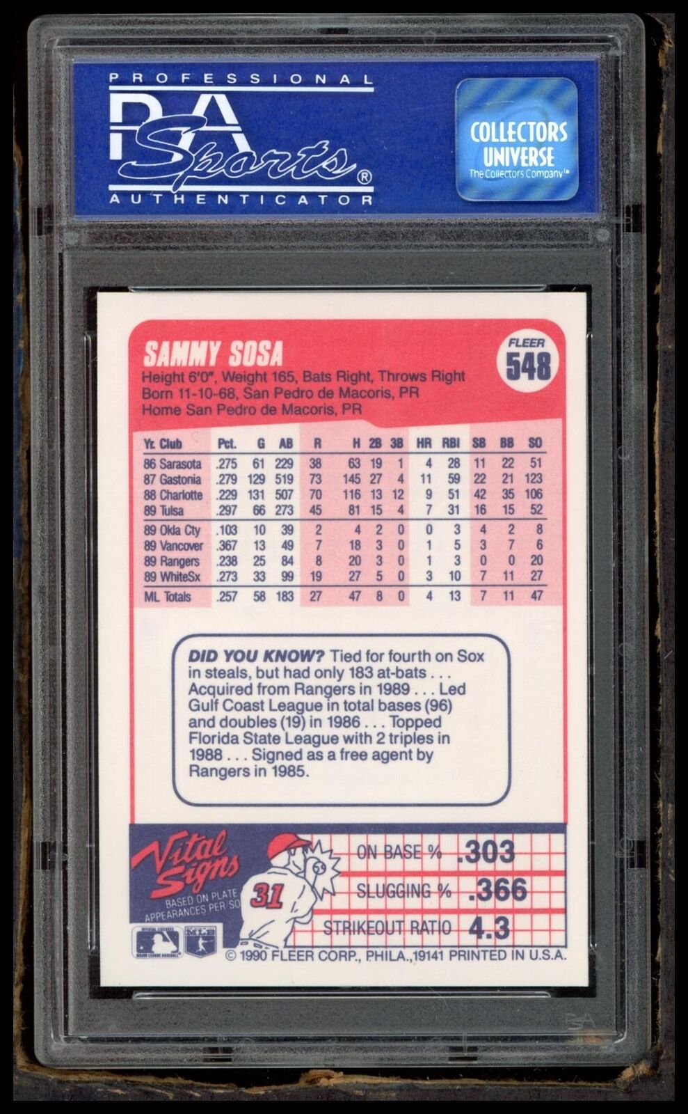 1990 Fleer #548 Sammy Sosa PSA 9