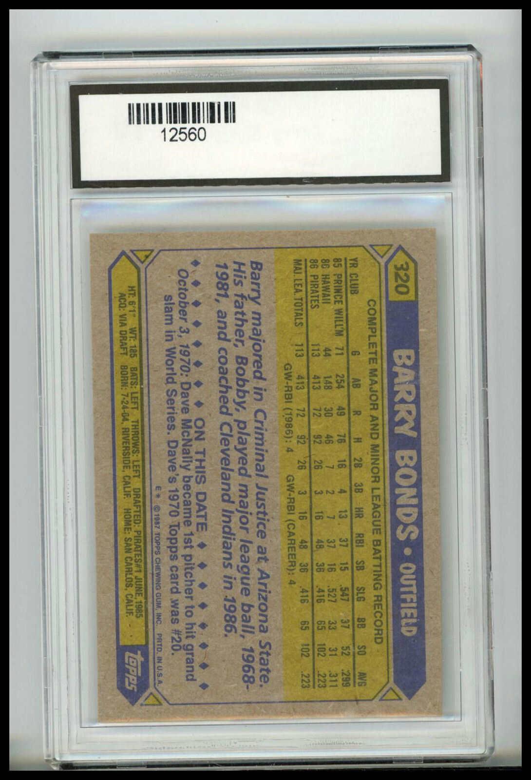 1987 Topps #320 Barry Bonds Other 10