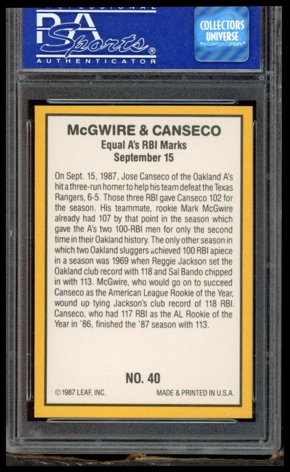 1987 Donruss Highlights #40 J.Canseco/M.Mcgwire PSA 9