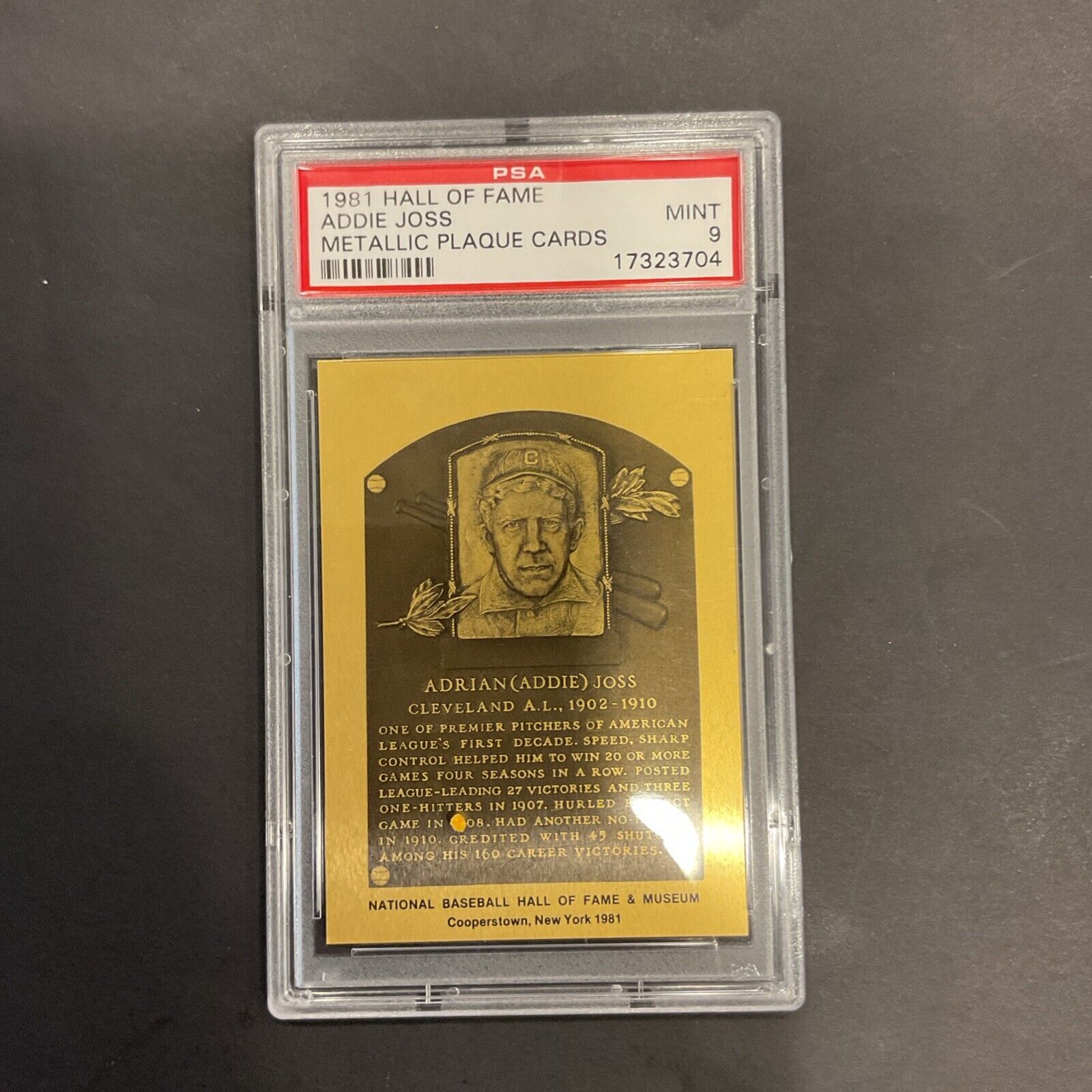 1981 Hall of Fame Addie Joss metallic placard PSA 9