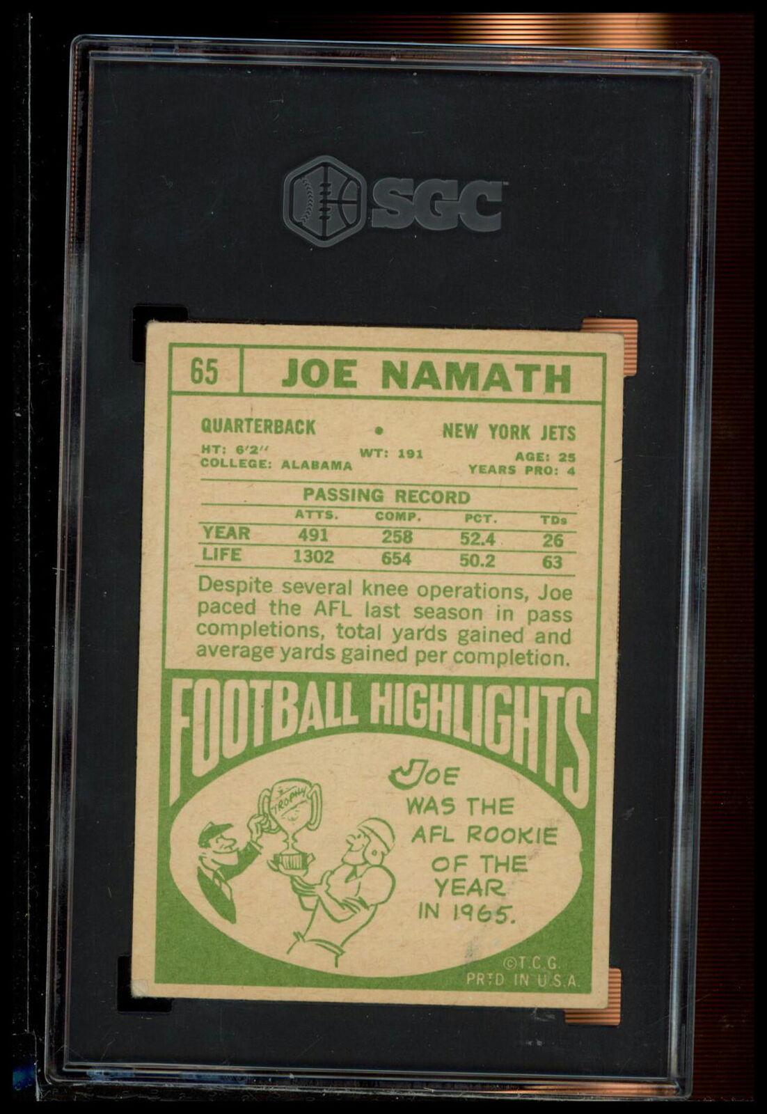 1968 Topps #65 Joe Namath SGC 2.5