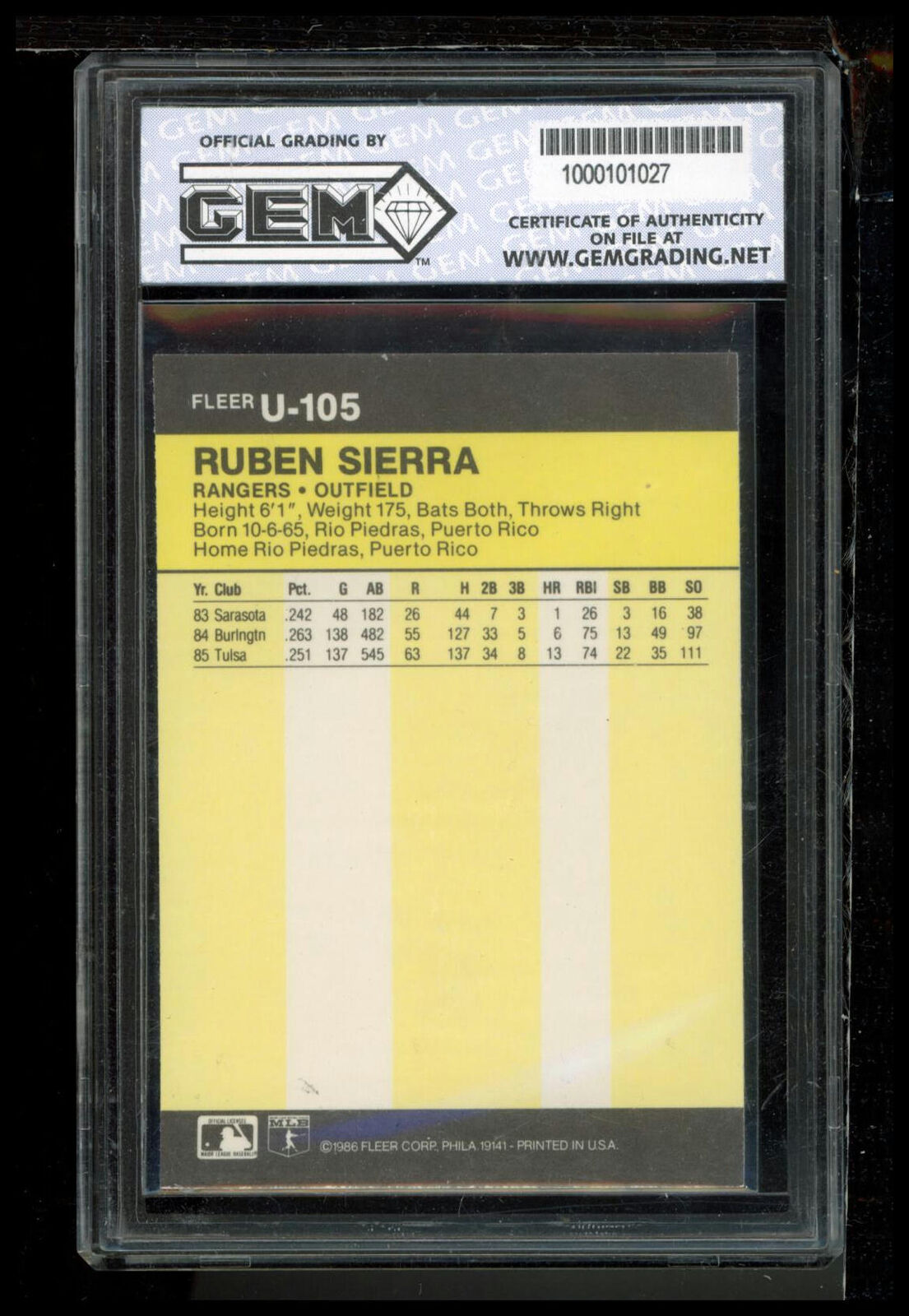 1986 Fleer Update #U-105 Ruben Sierra Other 10