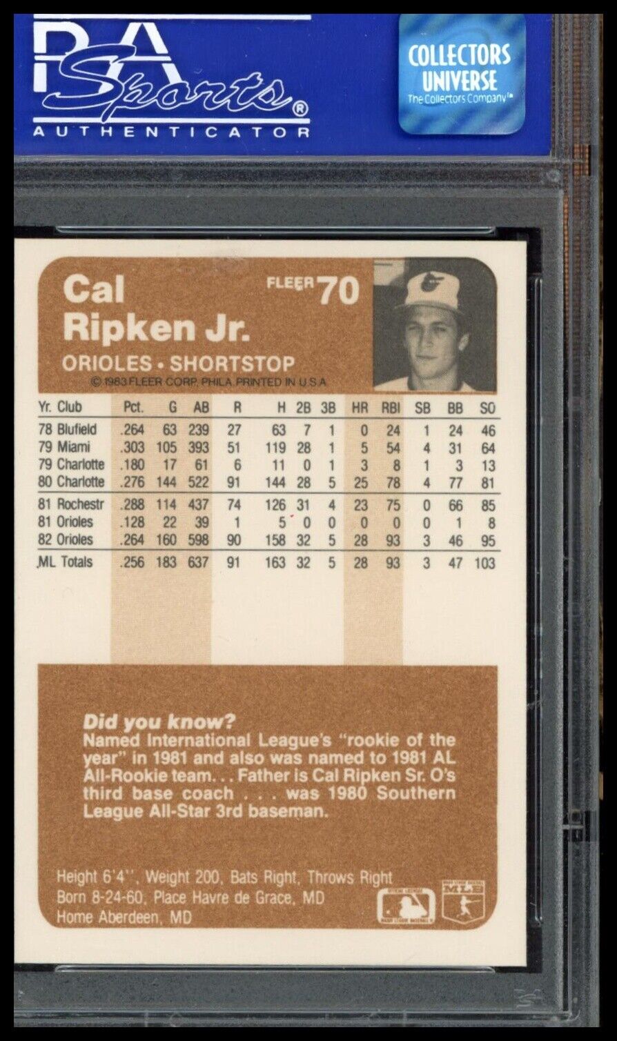 1983 Fleer #70 Cal Ripken Jr. PSA 9