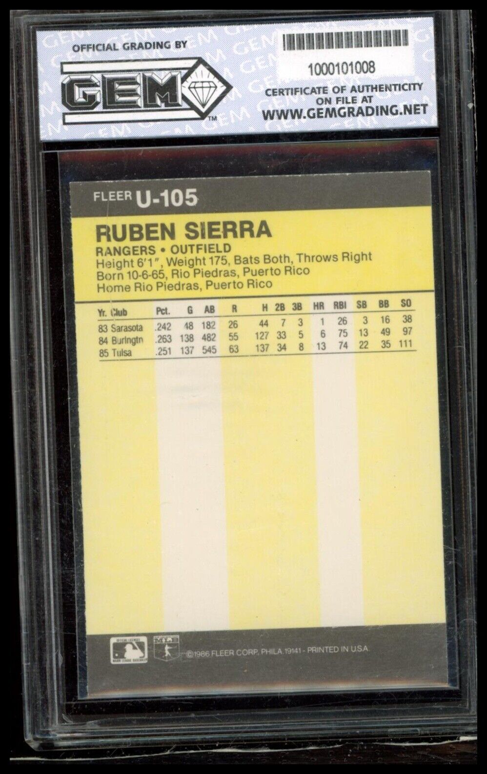 1986 Fleer Update #U-105 Ruben Sierra Other 10