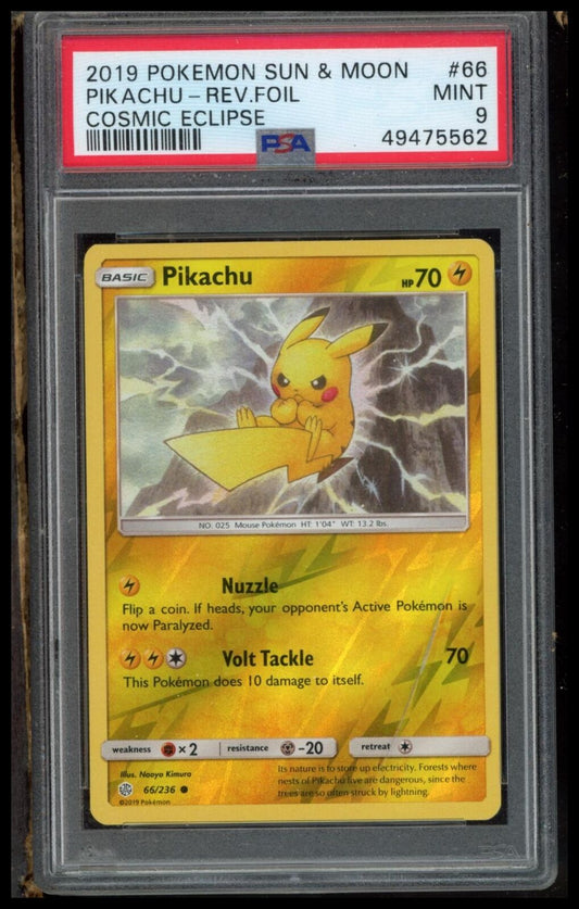 2019 Pokemon Sun & Moon Cosmic Eclipse #66 Pikachu-Rev.Foil Cosmic Eclipse PSA 9