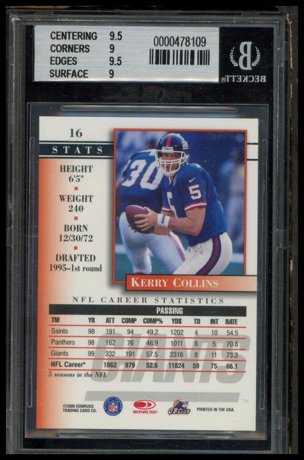 2000 Donruss Preferred #16 Kerry Collins BGS 9