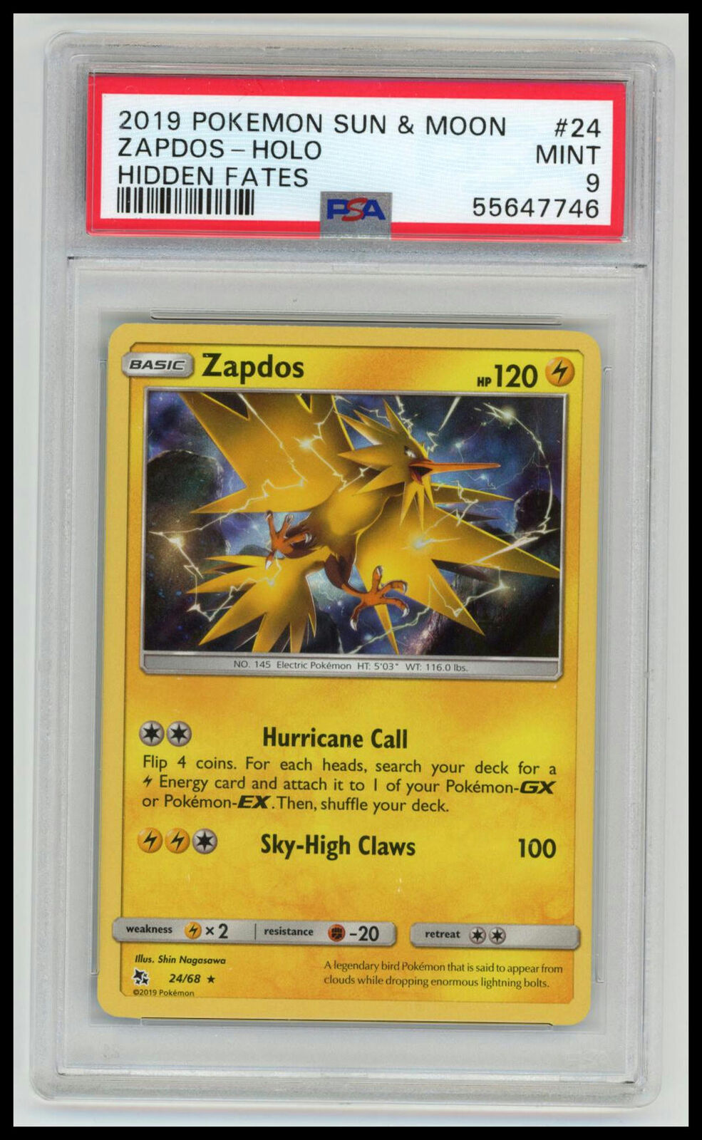 2019 Pokemon Sun & Moon Hidden Fates #24 Zapdos-Holo Hidden Fates PSA 9