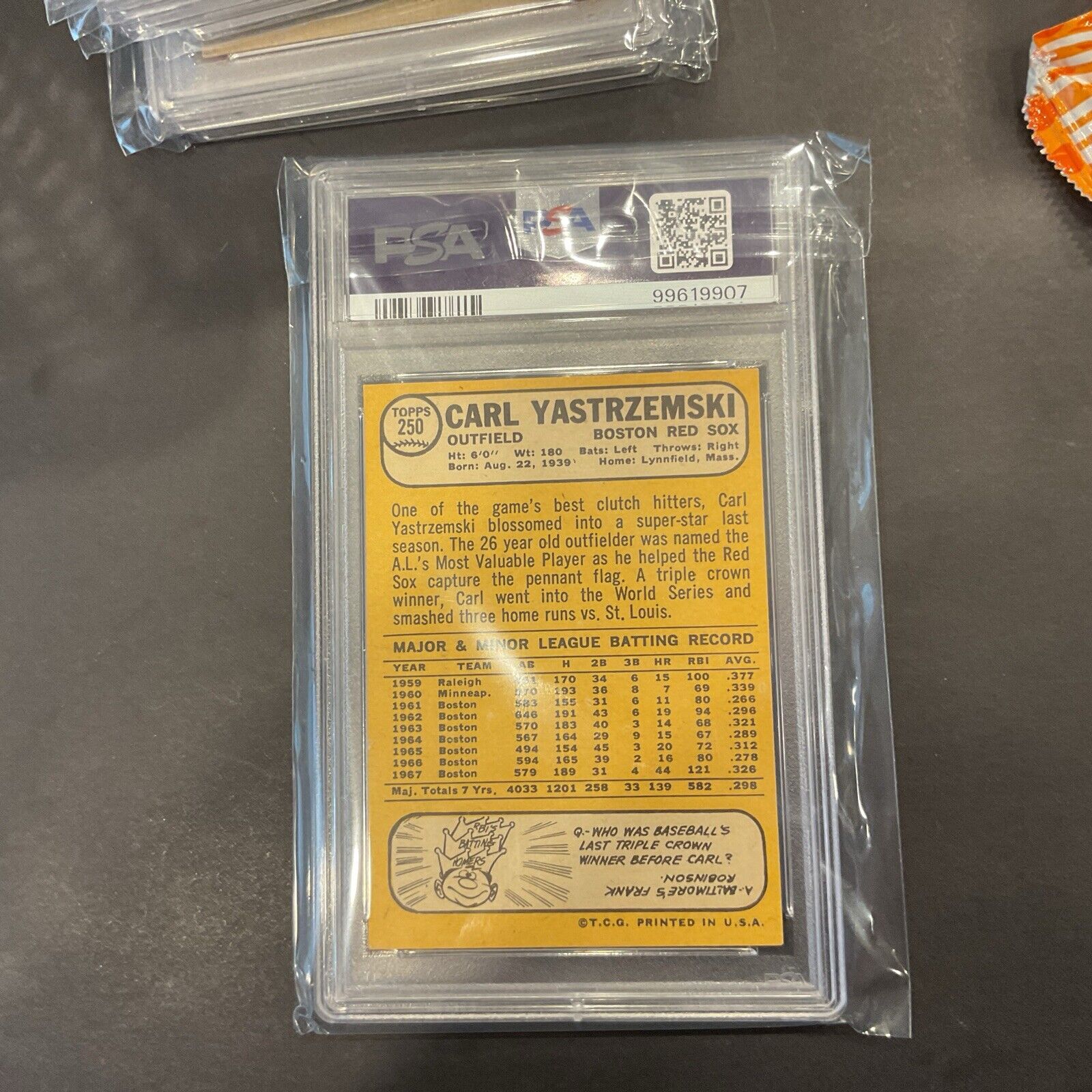 1968 Topps #250 Carl Yastrzemski. PSA 4. 