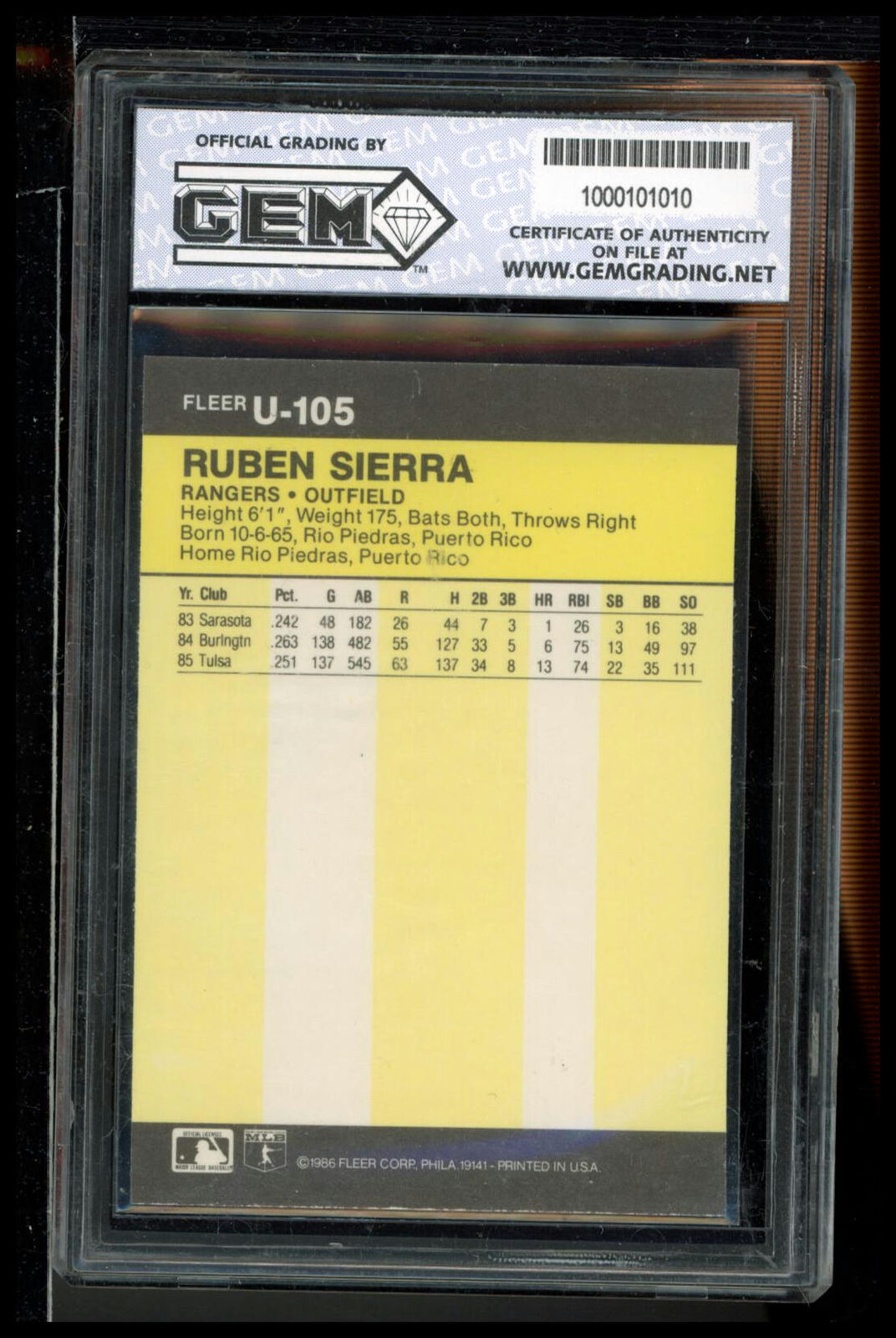 1986 Fleer Update #U-105 Ruben Sierra Other 10