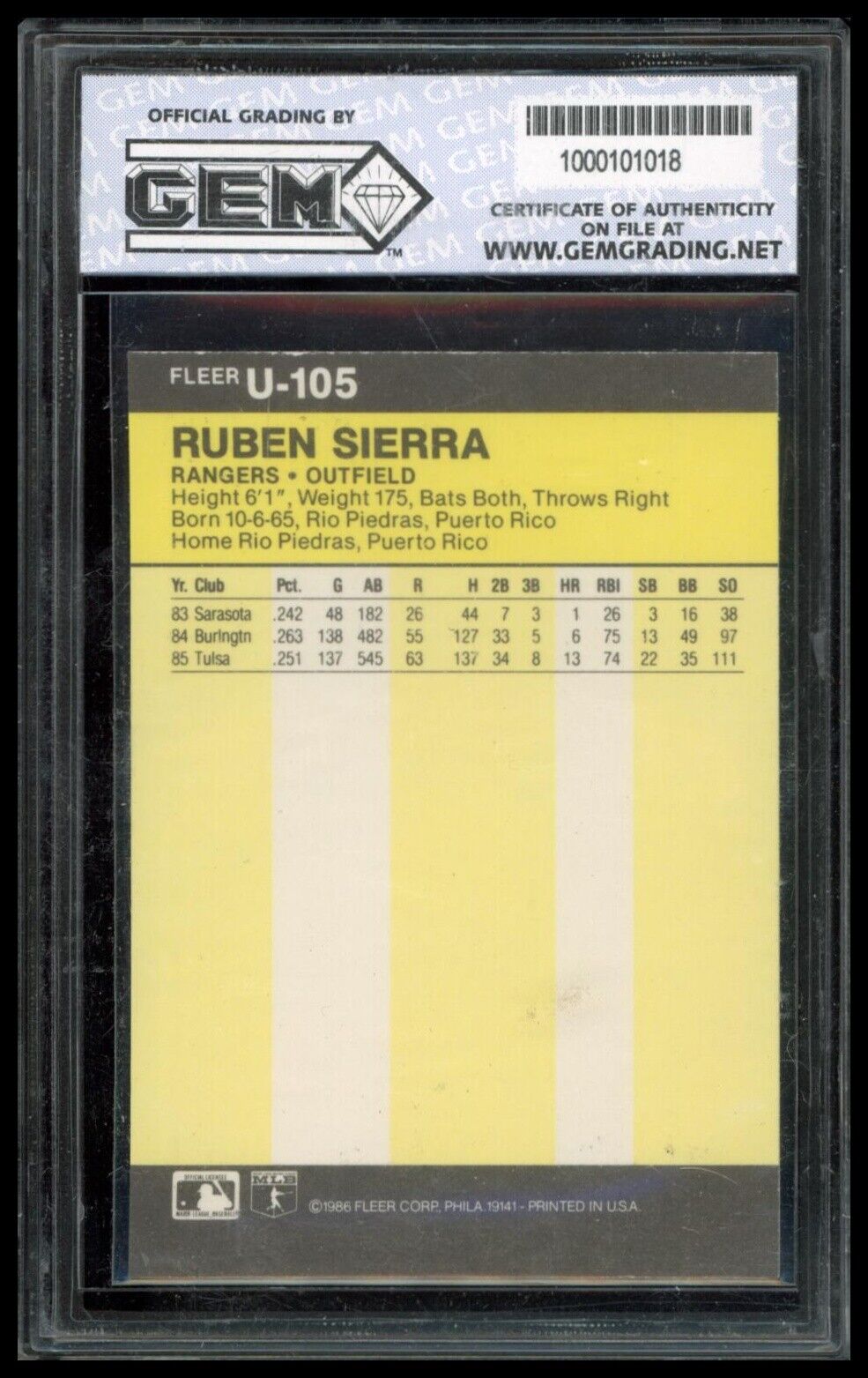 1986 Fleer Update #U-105 Ruben Sierra Other 10