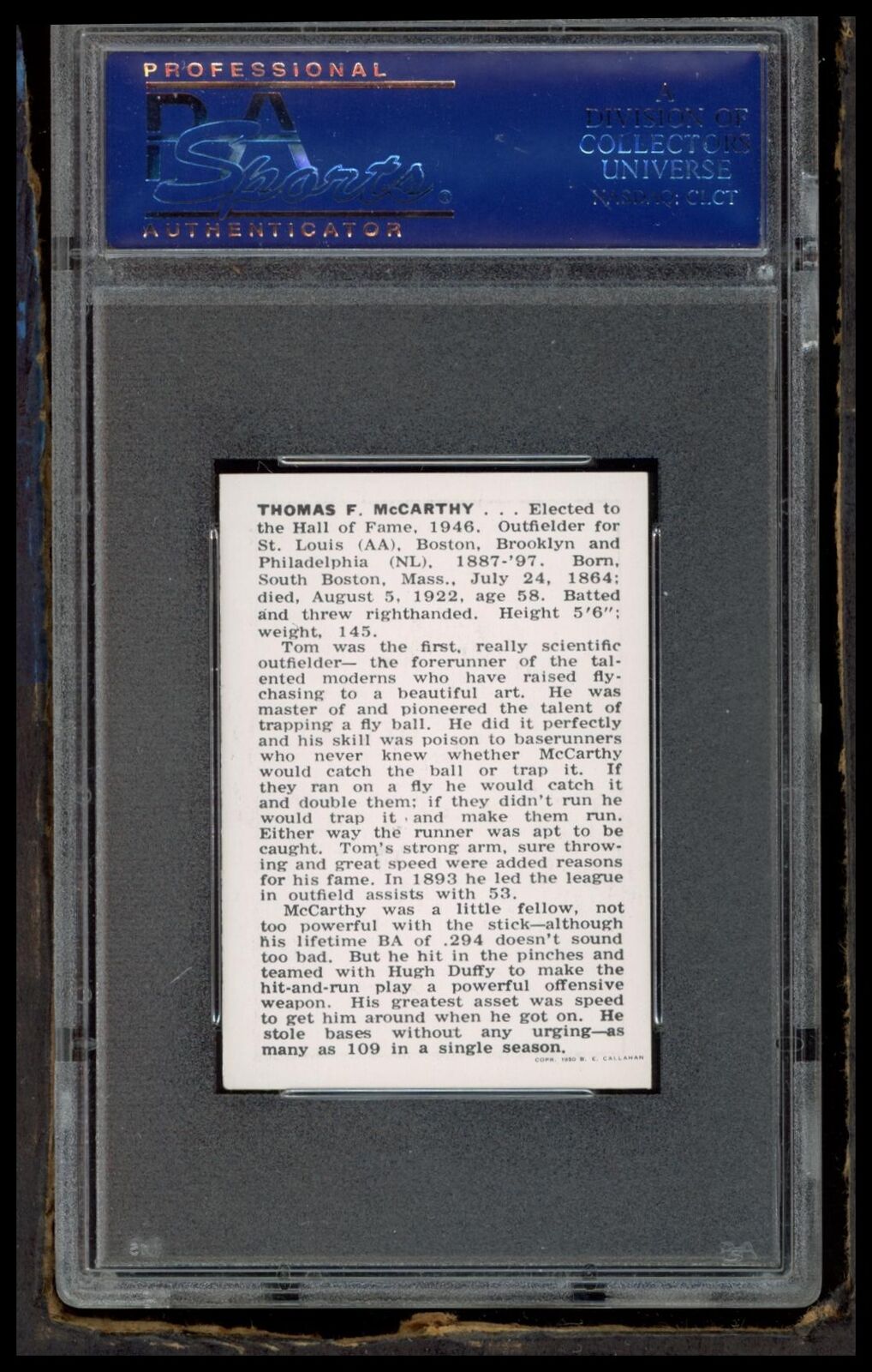 1950 Callahan Hall Of Fame Tommy Mccarthy PSA 6