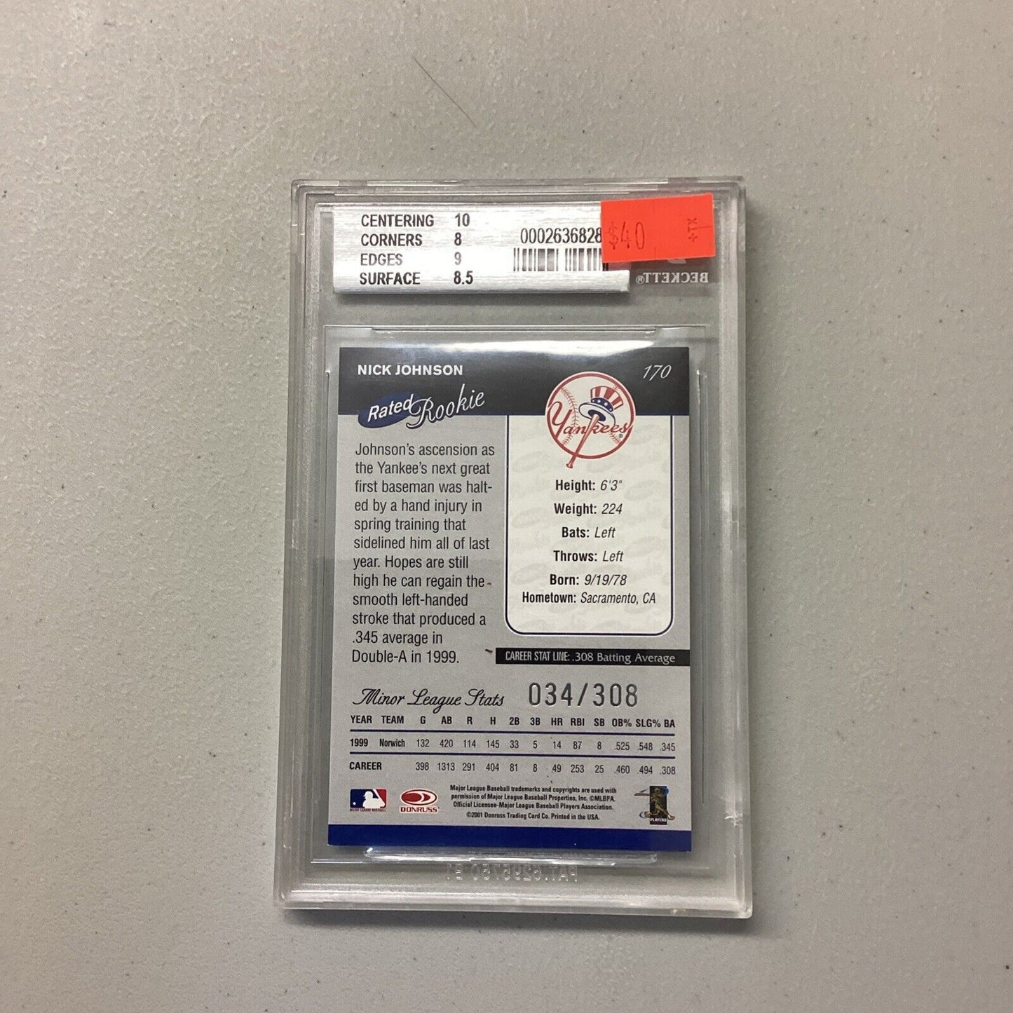 2001 Donruss #170 Nick Johnson Beckett Grade 8.5