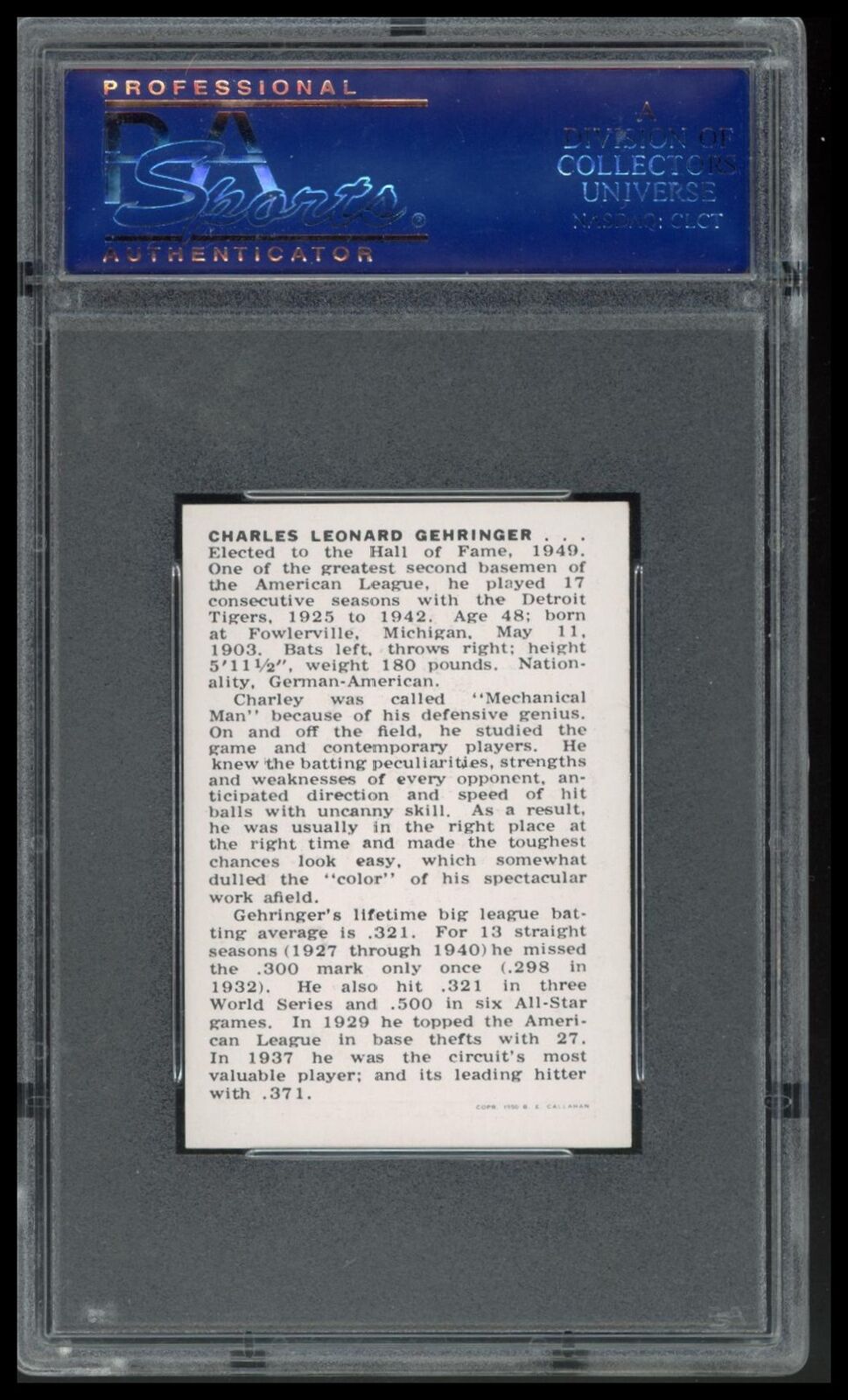 1950 Callahan Hall Of Fame Charles Gehringer White Cap PSA 7