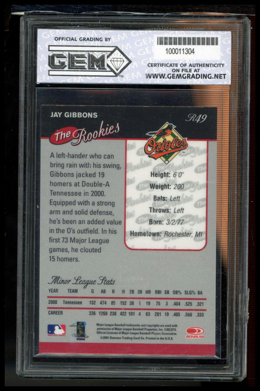 2001 Donruss #R49 Jay Gibbons Baseball's Best The Rookies Bronze Other 10