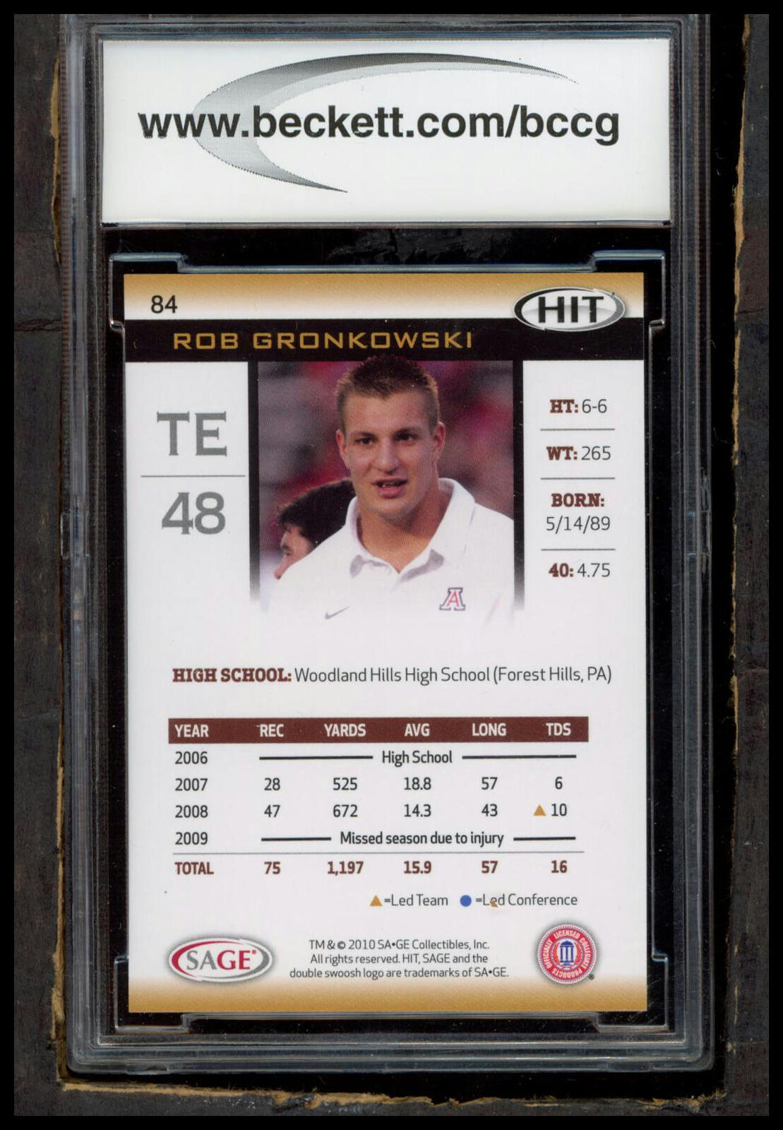 2010 SAGE HIT #84 Rob Gronkowski BCCG 10