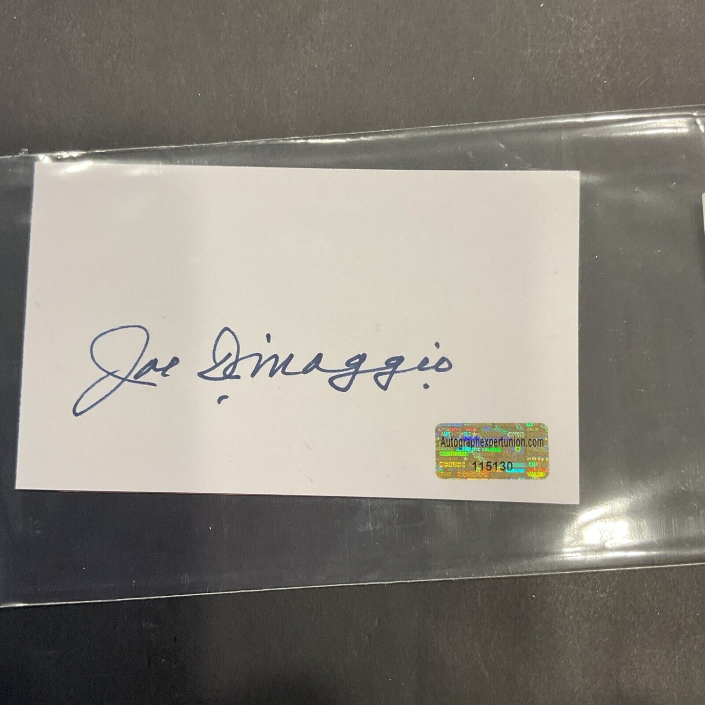 Joe DiMaggio’s autographed index card with the COA