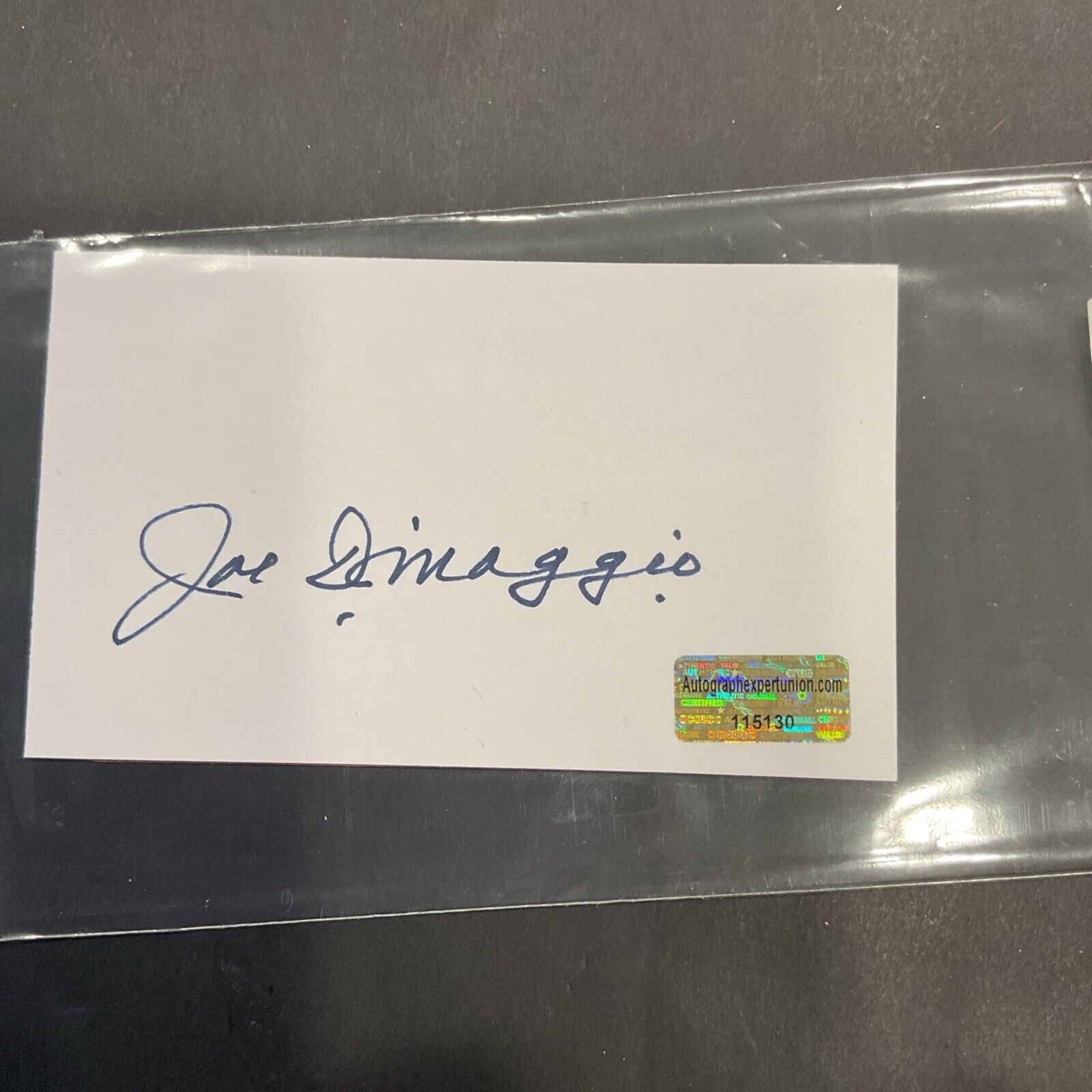 Joe DiMaggio’s autographed index card with the COA