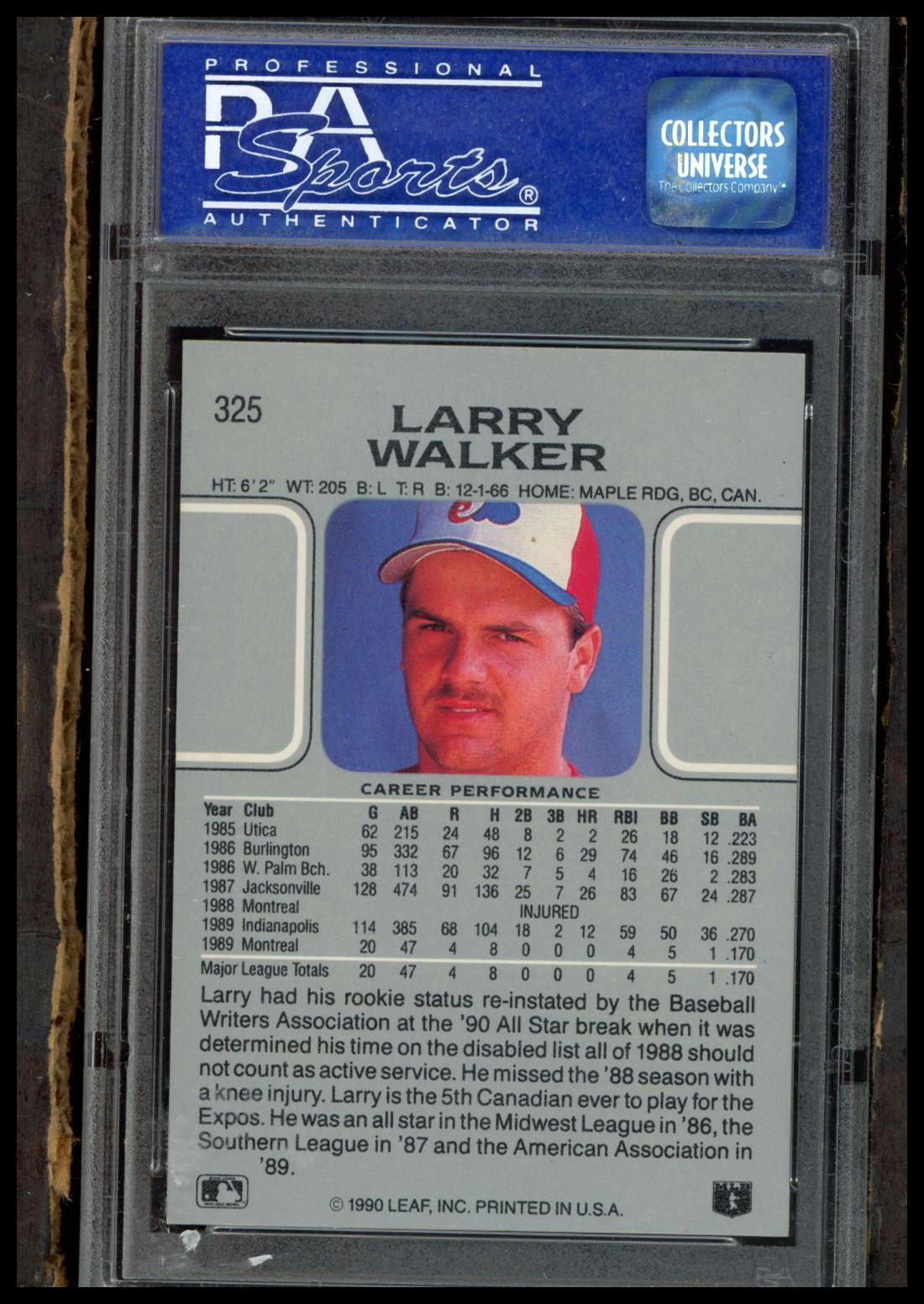 1990 Leaf #325 Larry Walker PSA 8