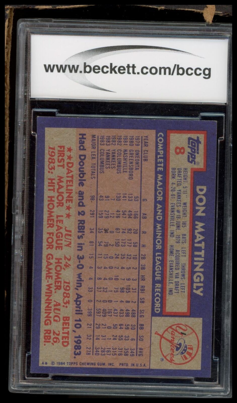 1984 Topps #8 Don Mattingly BCCG 9